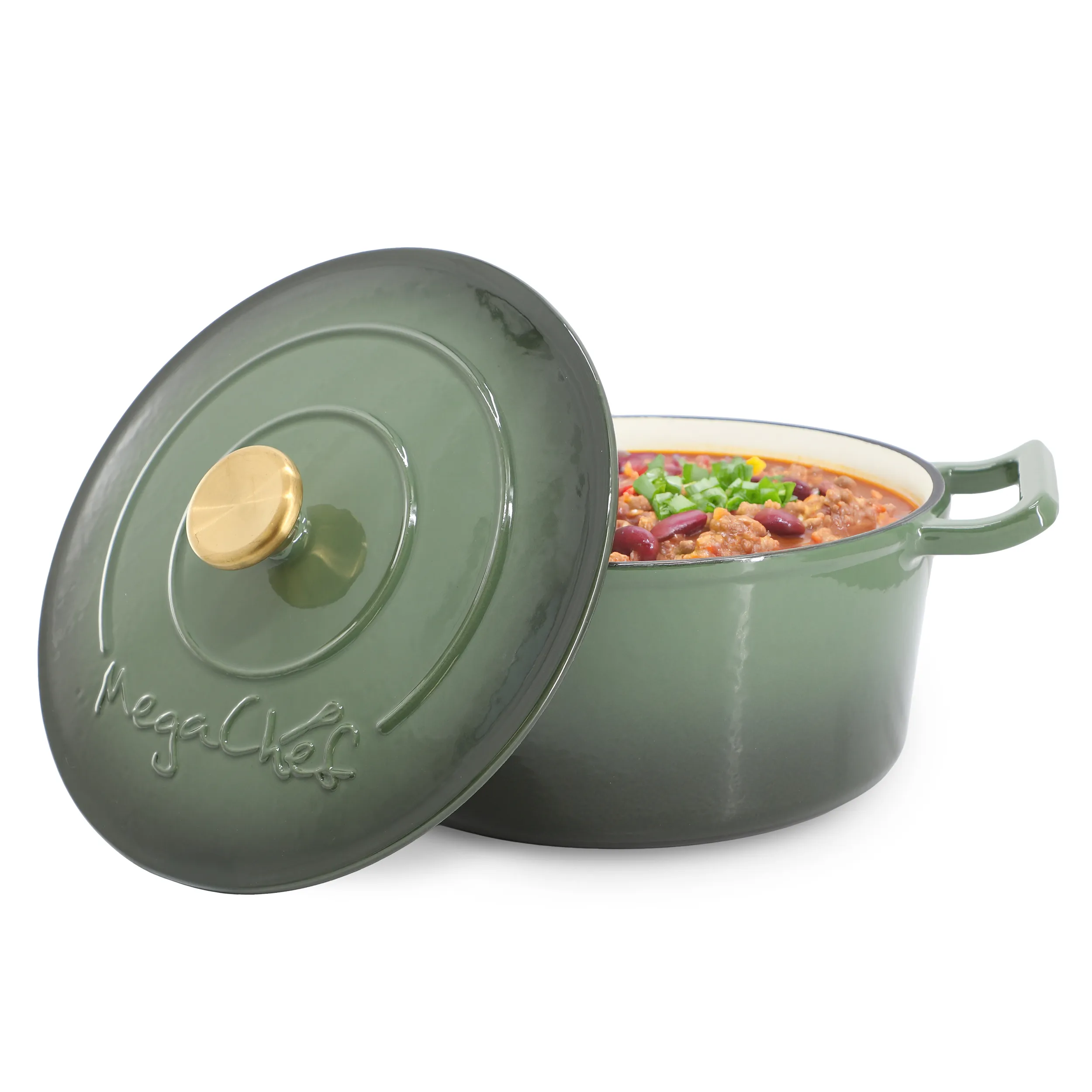 MegaChef MG-CR26Q-G — MegaChef 5.3 Quarts Round Enameled Cast Iron Casserole with Self Basting Lid in Gradient Thyme Green