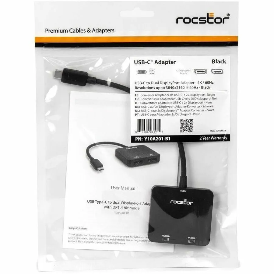 ROCSTOR Y10A201-B1 — PREMIUM USB-C TO DUAL DISPLAYPORTMULTI MONITOR ADAPTER 4K 60HZ USB TYPE-C 2-PORT