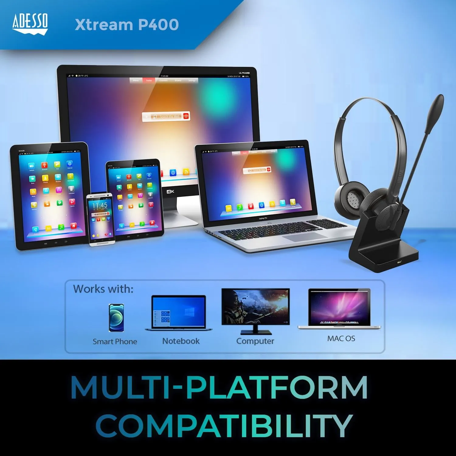 Adesso XTREAMP400 — BLUETOOTH WIRELESS HEADSET WITH BUILT-IN MICROPHONE & CHARGING BASE