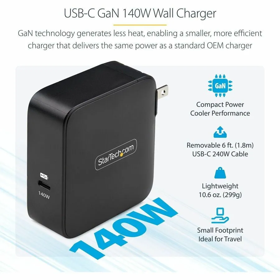 STARTECH 1014GCN-WALL-CHARGER — 140W USB-C WALL CHARGER, 1X USB-C, QUICK CHARGING PORTABLE GAN CHARGER POWER ADA