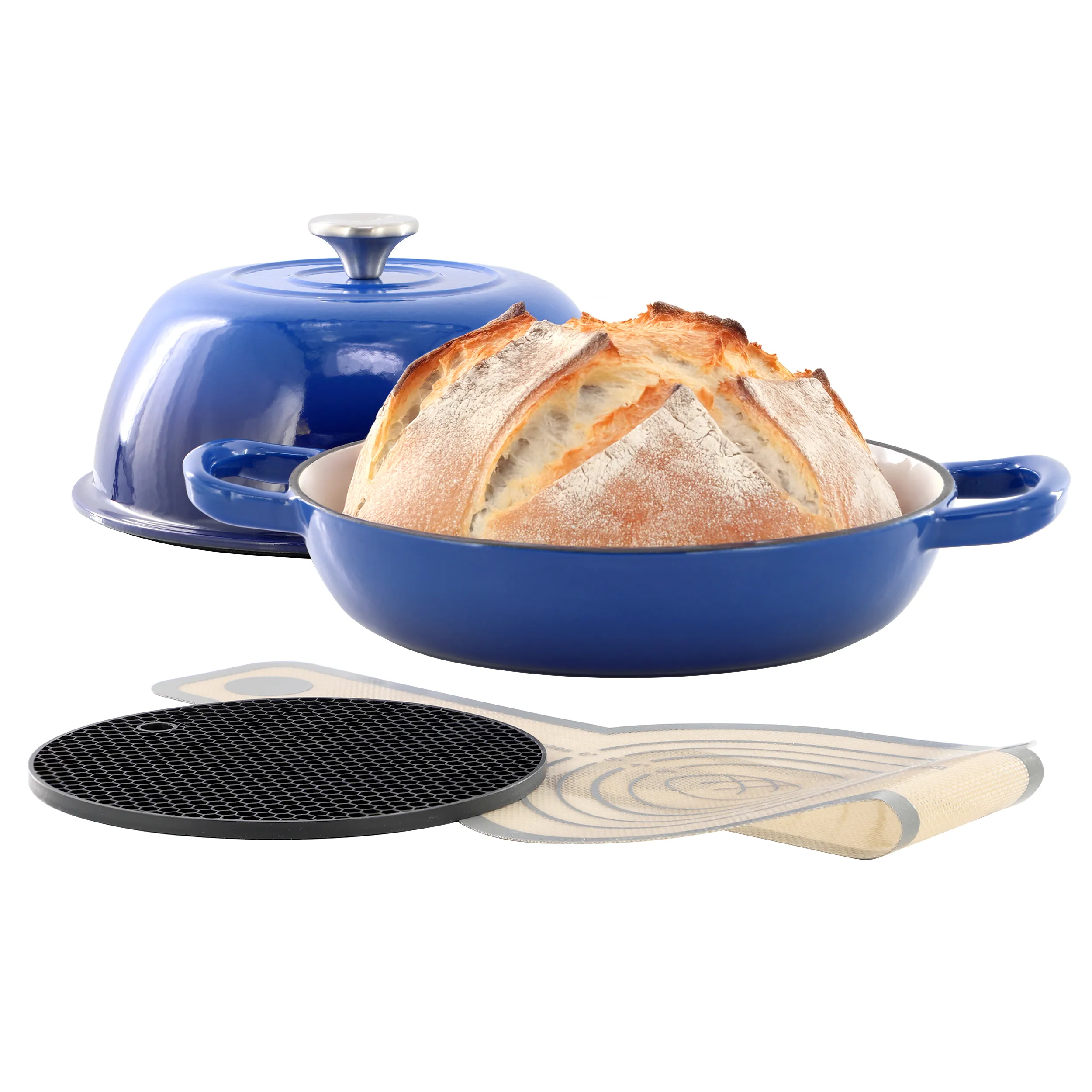 MegaChef MC-CIBP100-B — MegaChef 6 Quart Enameled Cast Iron Bread Pot in Blue with Baking Mat