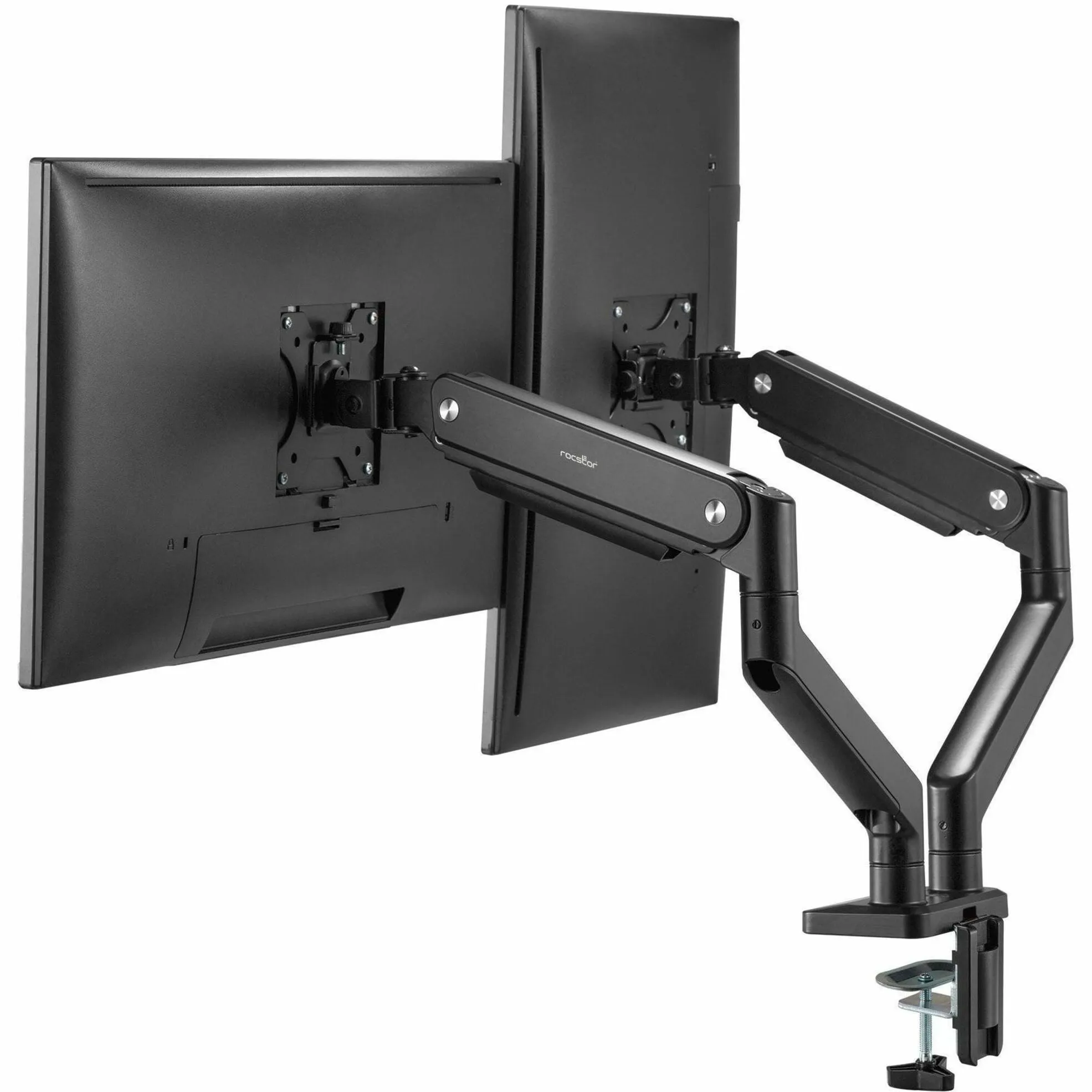 ROCSTOR Y10N012-B1 — ERGOREACH ED2 PREMIUM DUAL ERGONOMIC MONITOR ARM, C-CLAMP & GROMMET - SUPPORTS