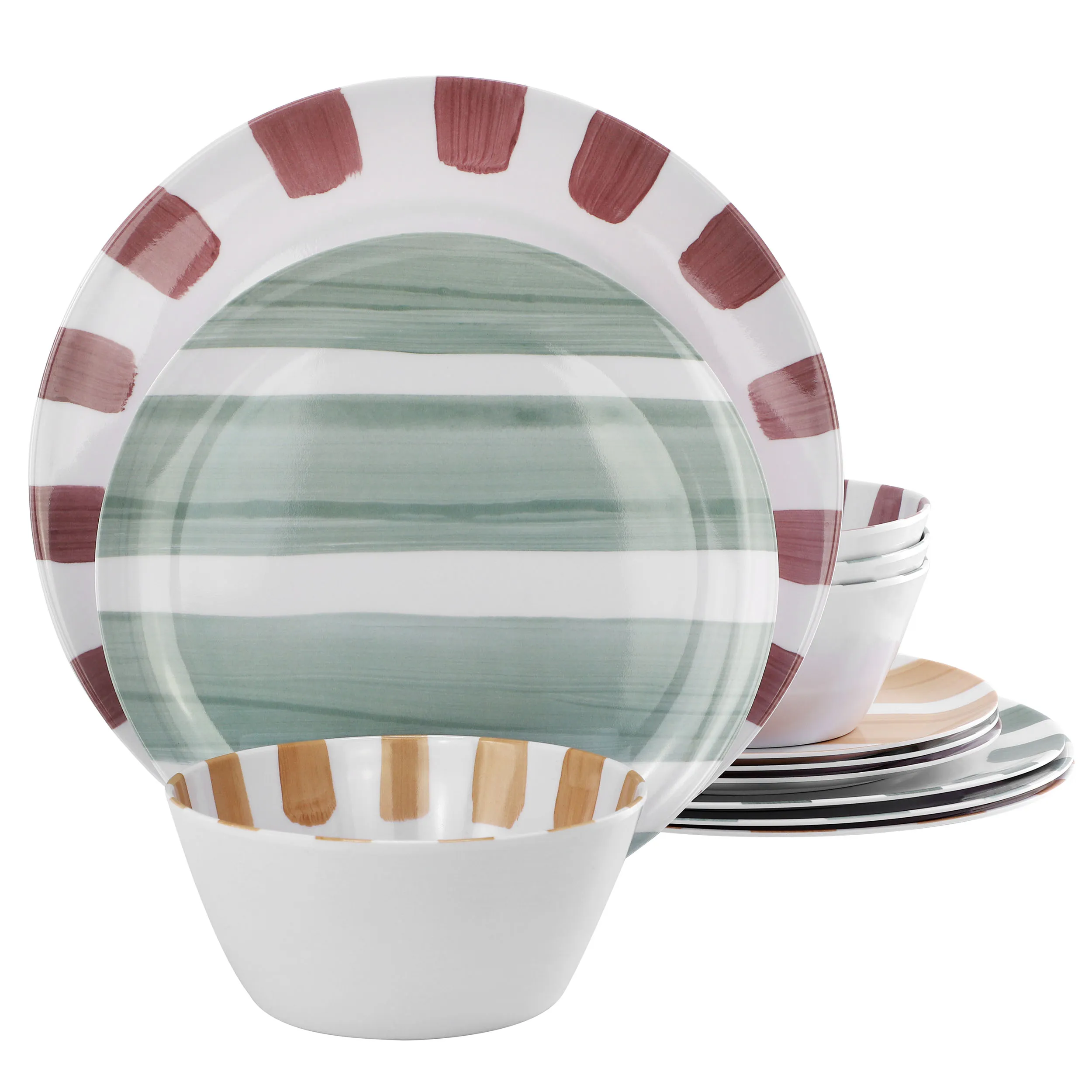 Gibson 148608.12 — Gibson Home Cottage Stripes 12 Piece Melamine Dinnerware Set in White and Multi