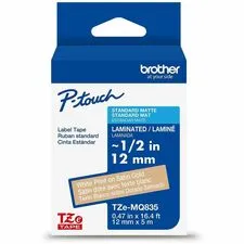 Brother BRT TZEMQ835G — Brother P-touch TZeMQ835 WHT on SATIN GLD Label Tape, Laminated, 12mmX5m - x 15/32" Width - Satin Gold - Water Resistant - Laminated - Durable, Abrasion Resistant, Chemical Resistant, Grease Resistant, Grime Resistant, Temperature Resistant, Fade Resistant, Split Backing, Easy Peel, Strong Adhesive - 1 Each