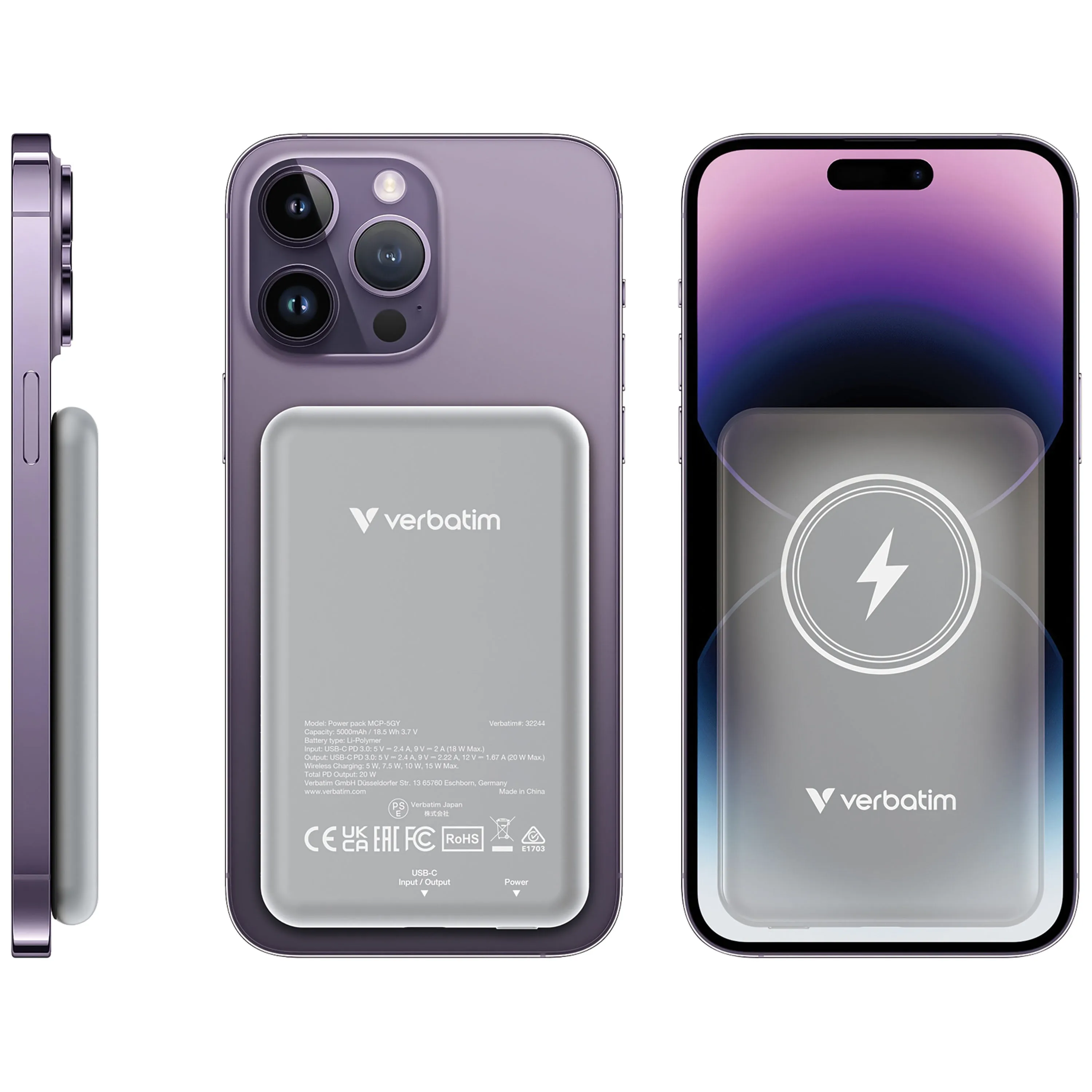 VERBATIM 32244 — CHARGE N GO MAGNETIC WIRELESS POWER BANK 5000 MAH - GREY