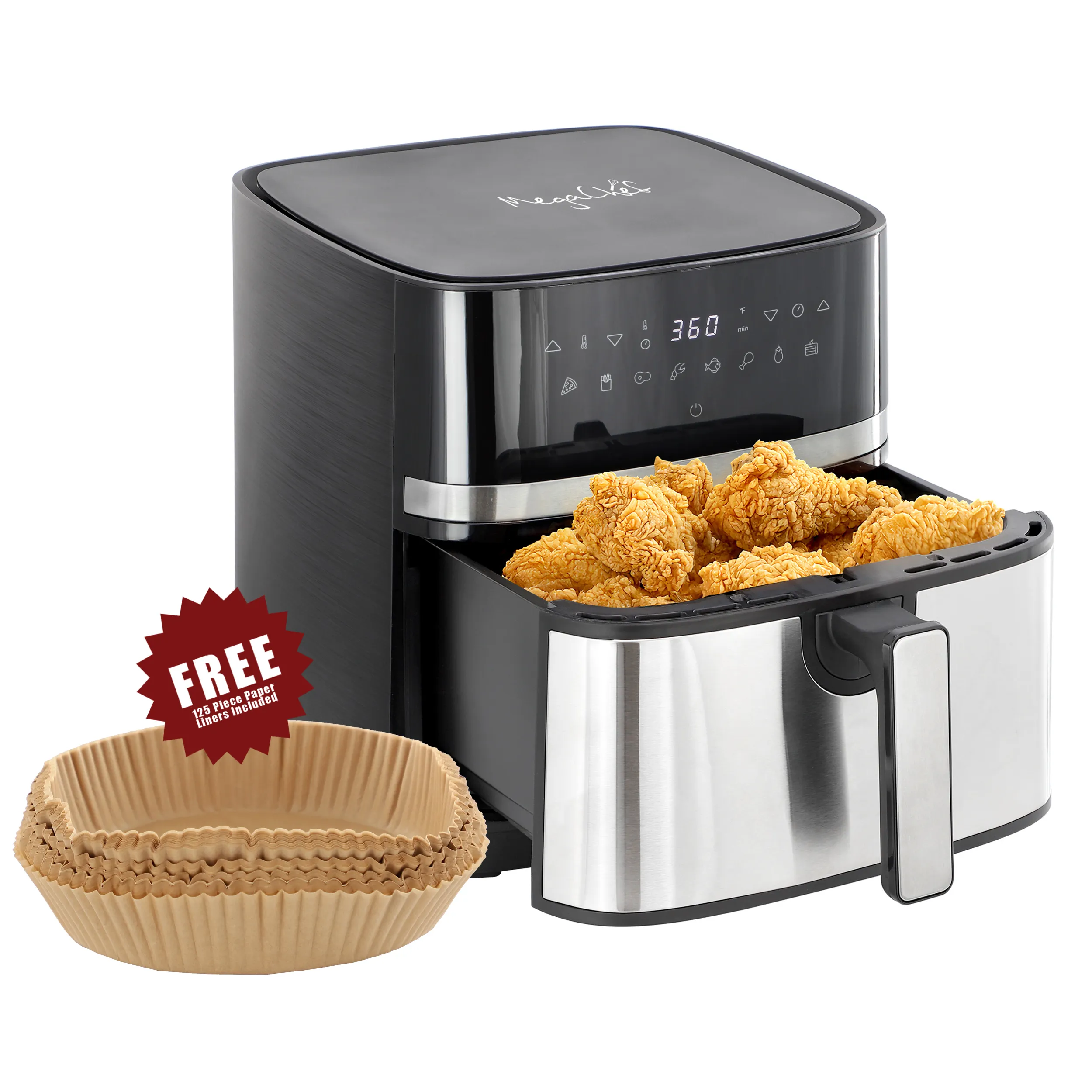 MegaChef MCAI-820ES — MegaChef 8.5 Quart Bundle Electric Air Fryer in Black and Stainless Steel with 125 Piece Paper Liners