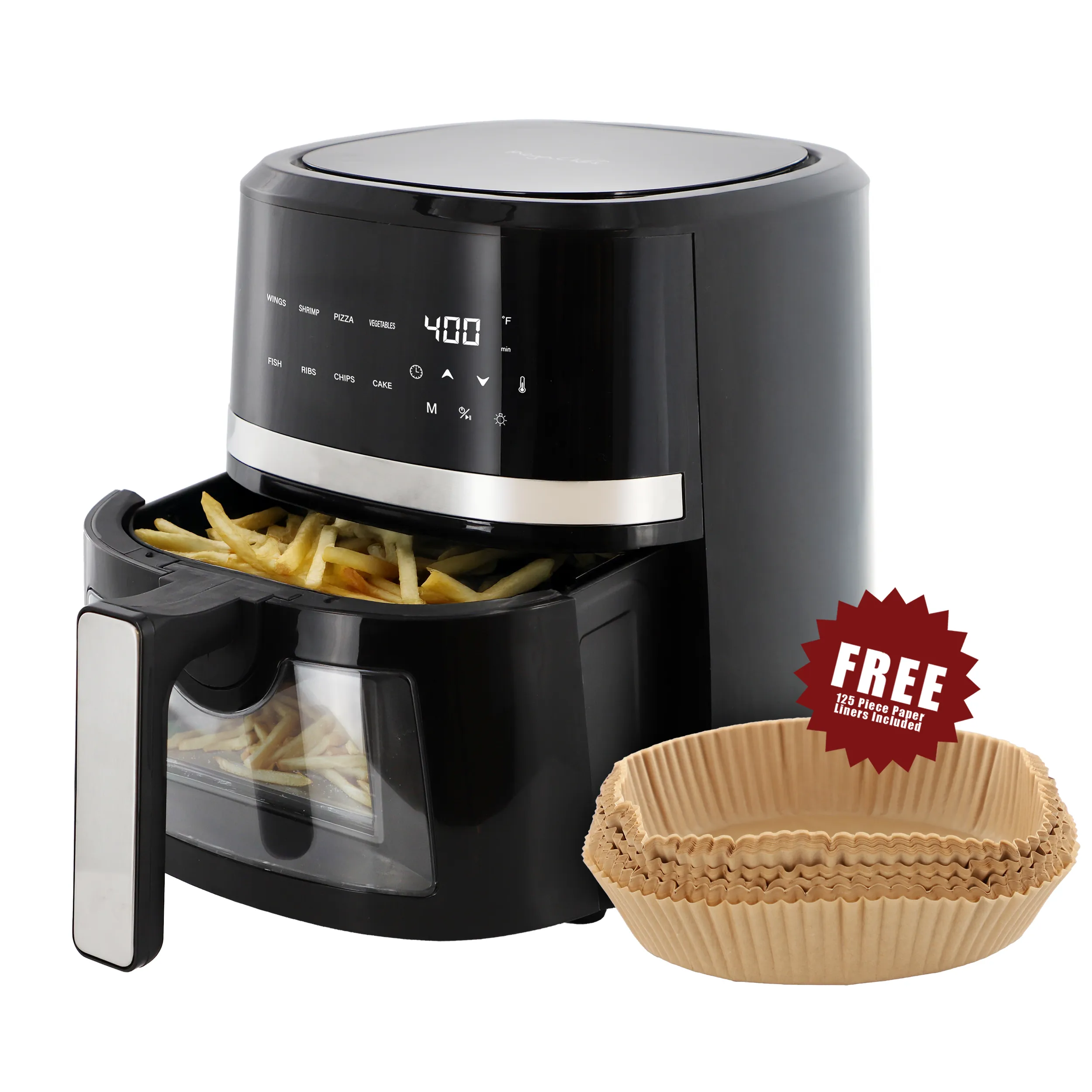MegaChef MCAI-380ETS — MegaChef 4 Quart Digital LED Display Electric Air Fryer with Transparent Window in Black with 125 Piece Paper Liners