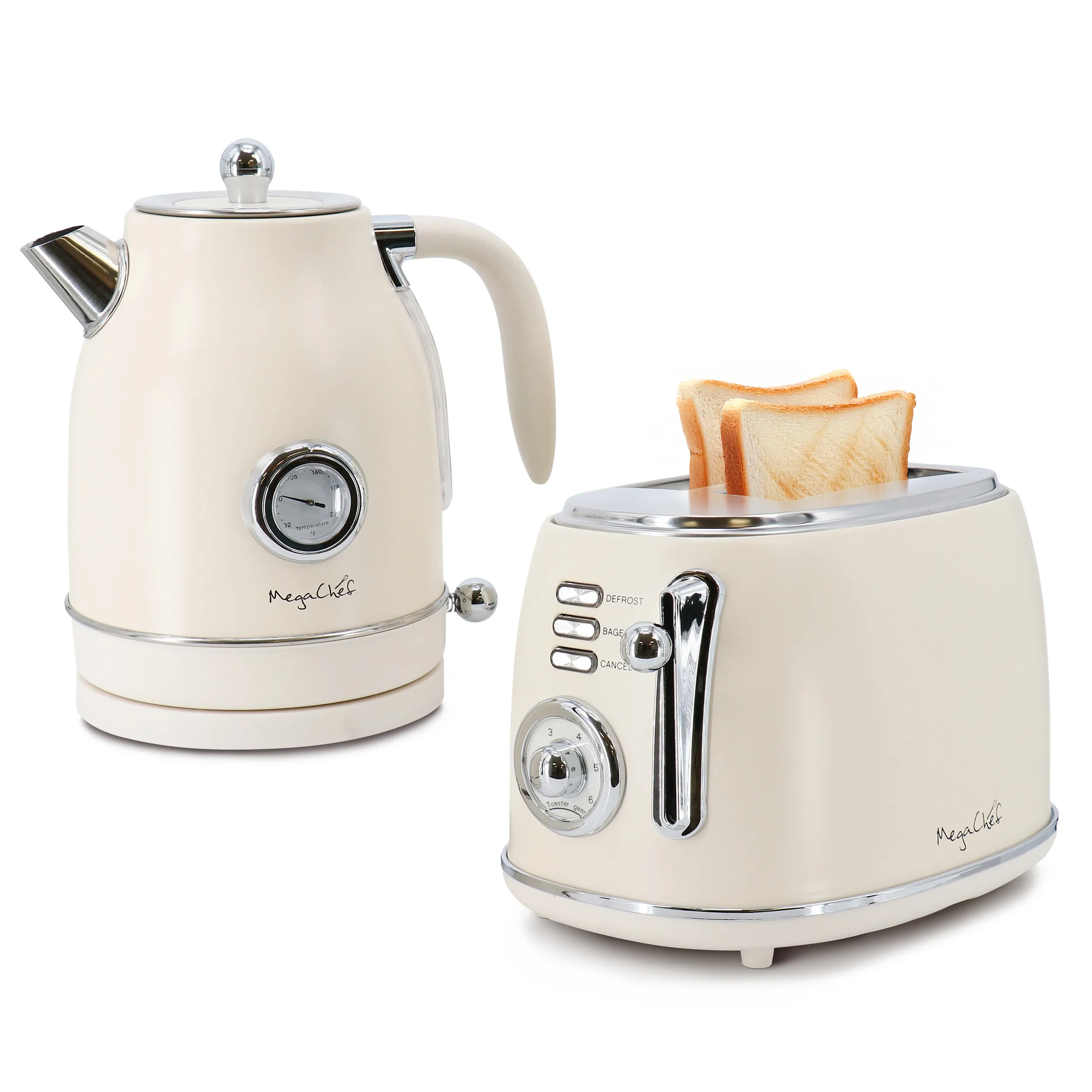 MegaChef MC-BTBK-GC — MegaChef 1.8 Quart Electric Tea Kettle and 2 Slice Toaster Combo in Gloss Cream