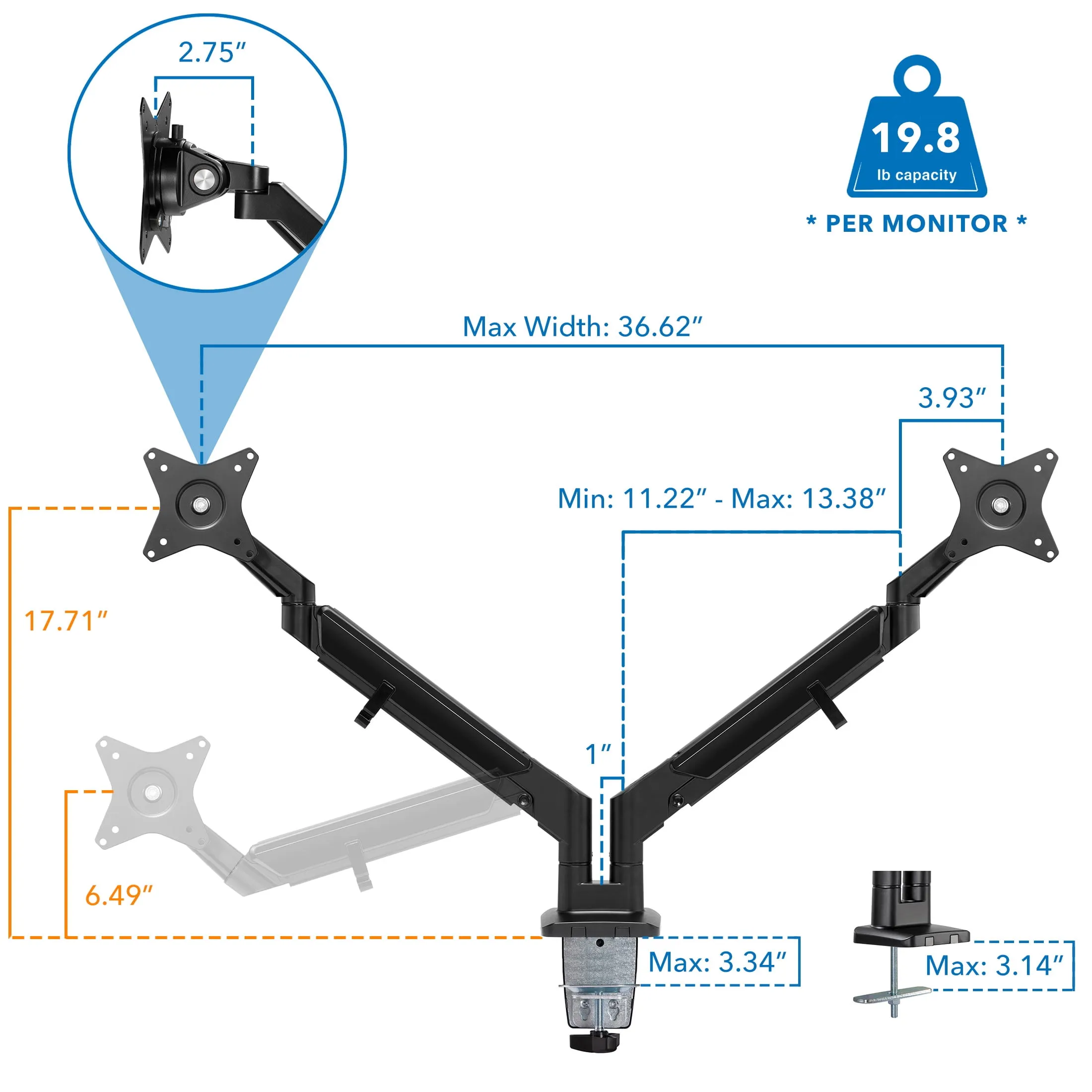MountIt MI-4884B — MI-4884B 2 Mntr Mnt Gas Sprng