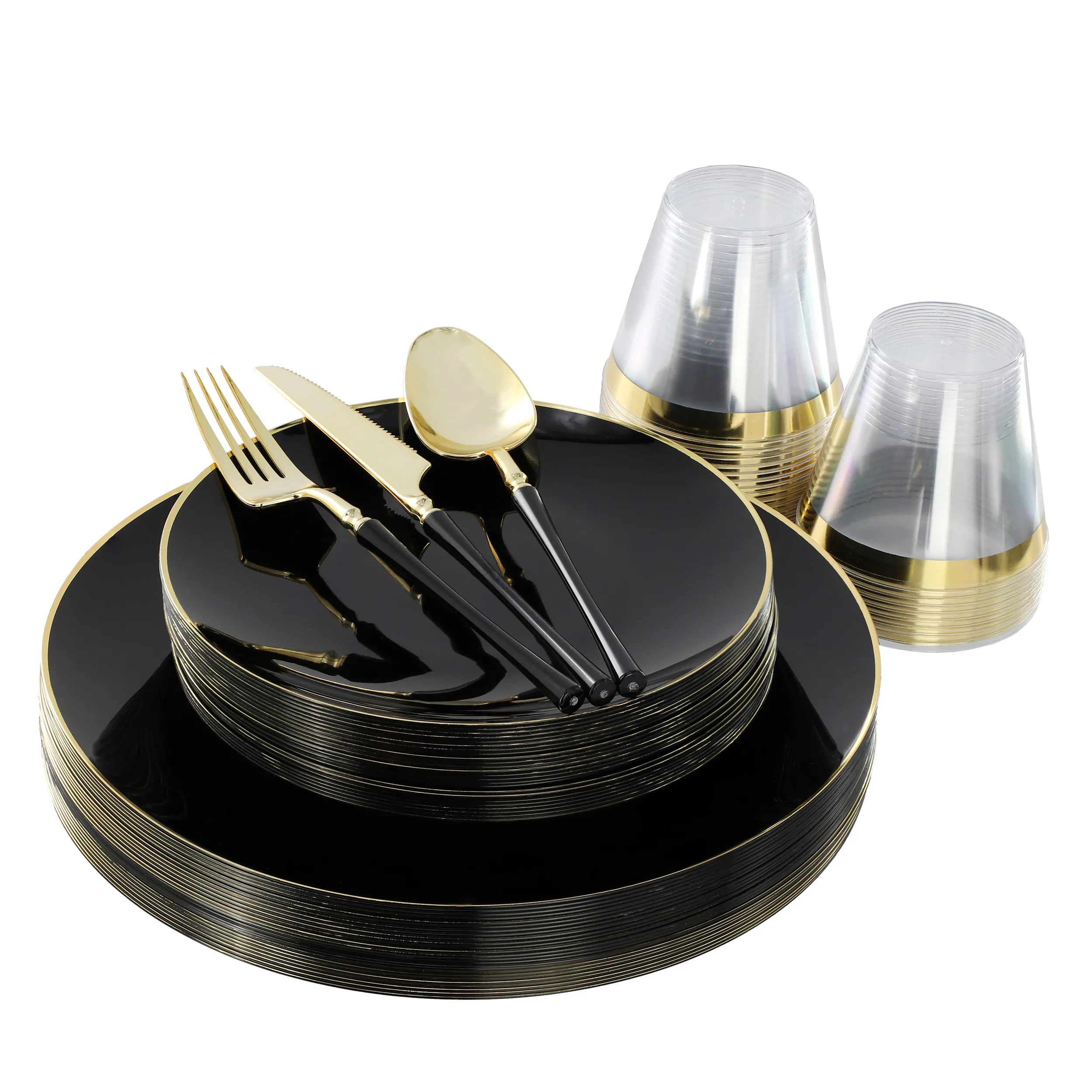 ELAMA ELP-150-B — Elama 150 Piece Disposable Plastic Dinnerware Party Set for 25 Guests in Black with Gold Trim