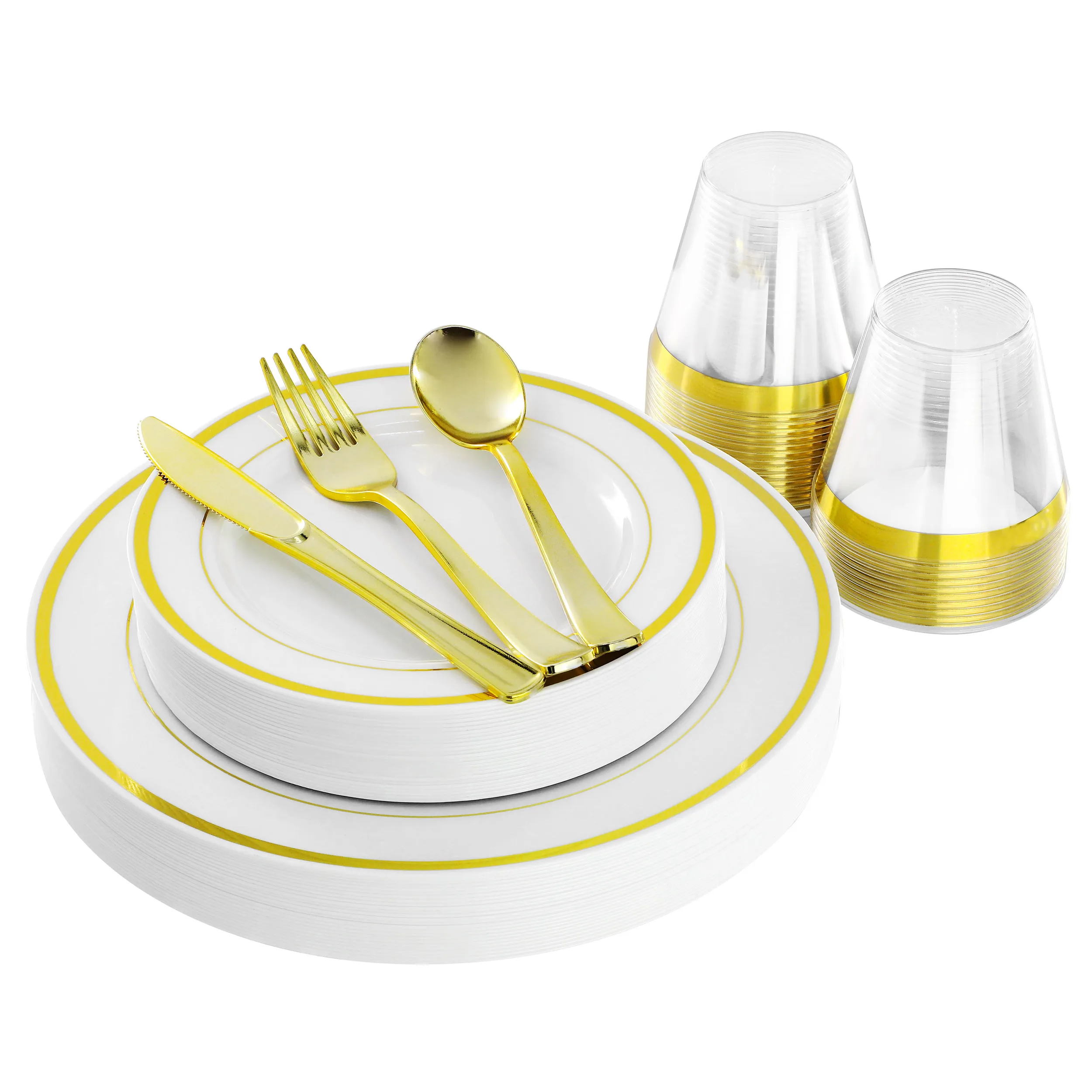 ELAMA ELP-150-G — Elama 150 Piece Disposable Plastic Dinnerware Party Set for 25 Guests in White with Gold Trim