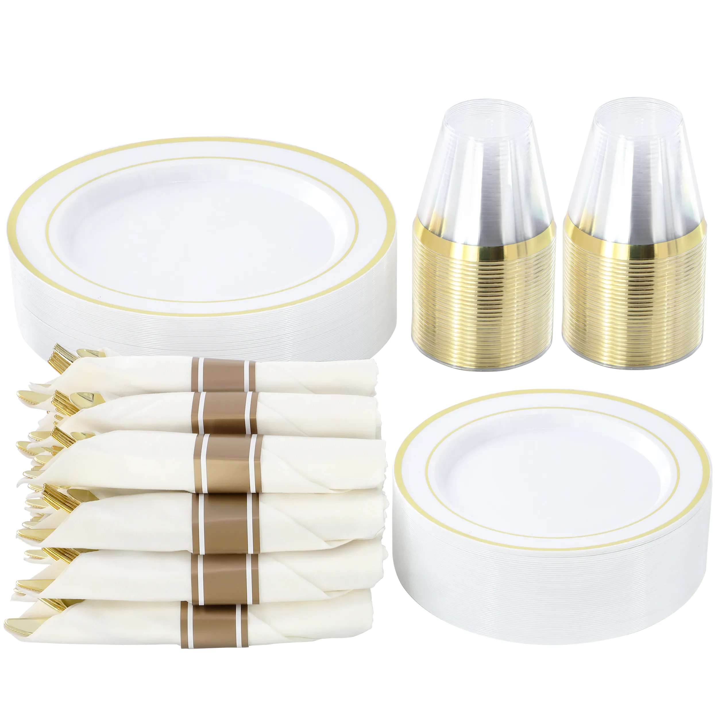ELAMA ELP-350-G — Elama 350 Piece Disposable Plastic Dinnerware Party Set for 50 Guests in White with Gold Trim