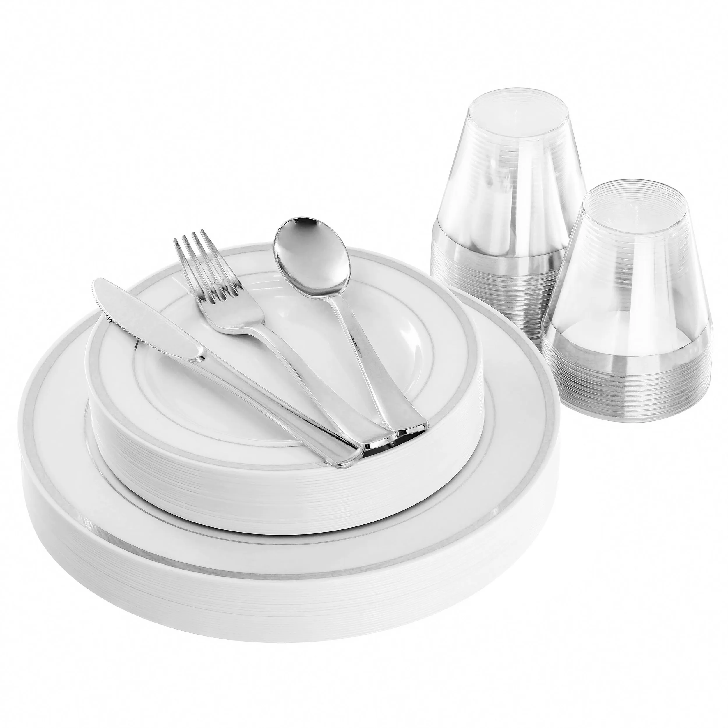 ELAMA ELP-150-S — Elama 150 Piece Disposable Plastic Dinnerware Party Set for 25 Guests in White with Silver Trim