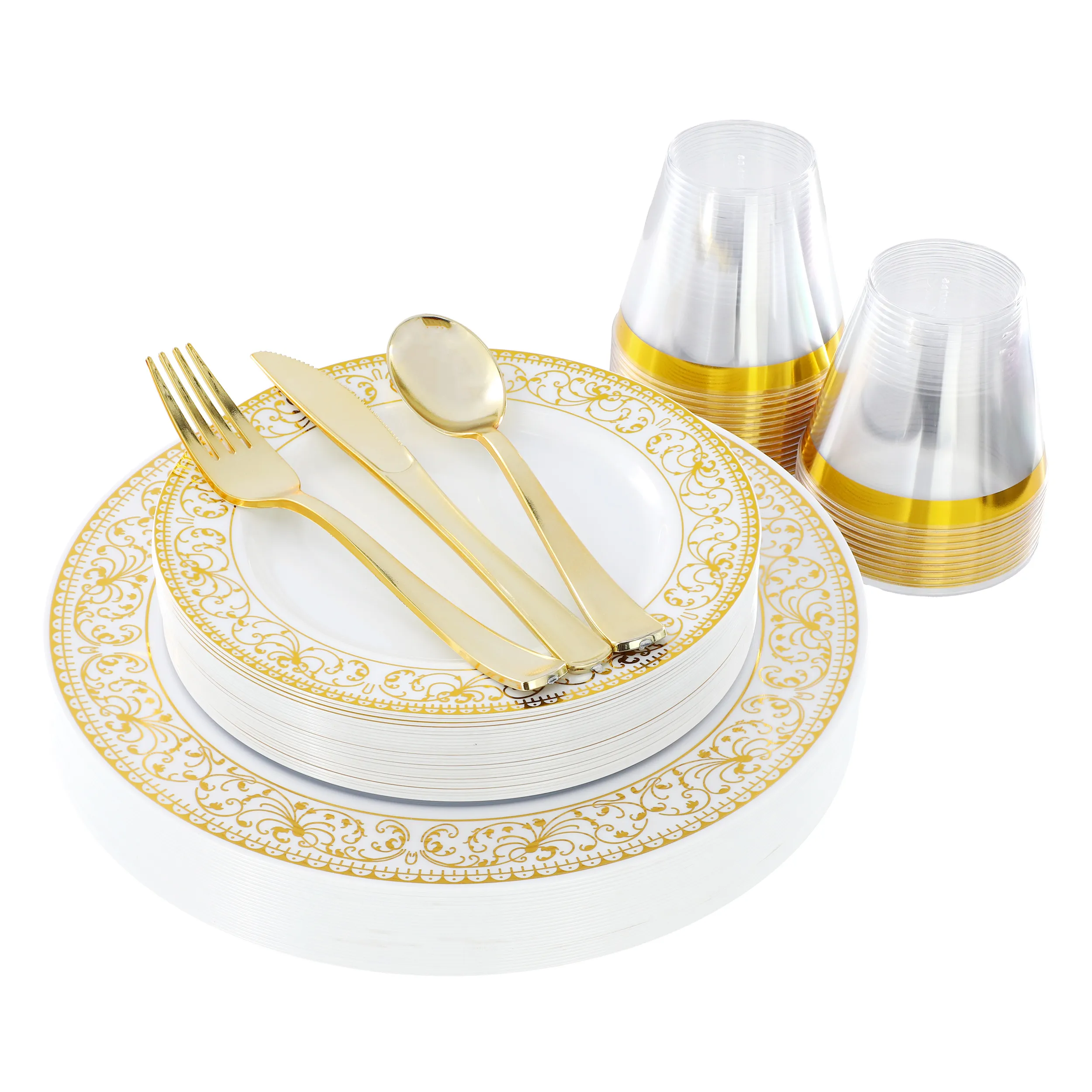 ELAMA ELP-150-DG — Elama 150 Piece Disposable Plastic Dinnerware Party Set for 25 Guests in White with Gold Decal Trim