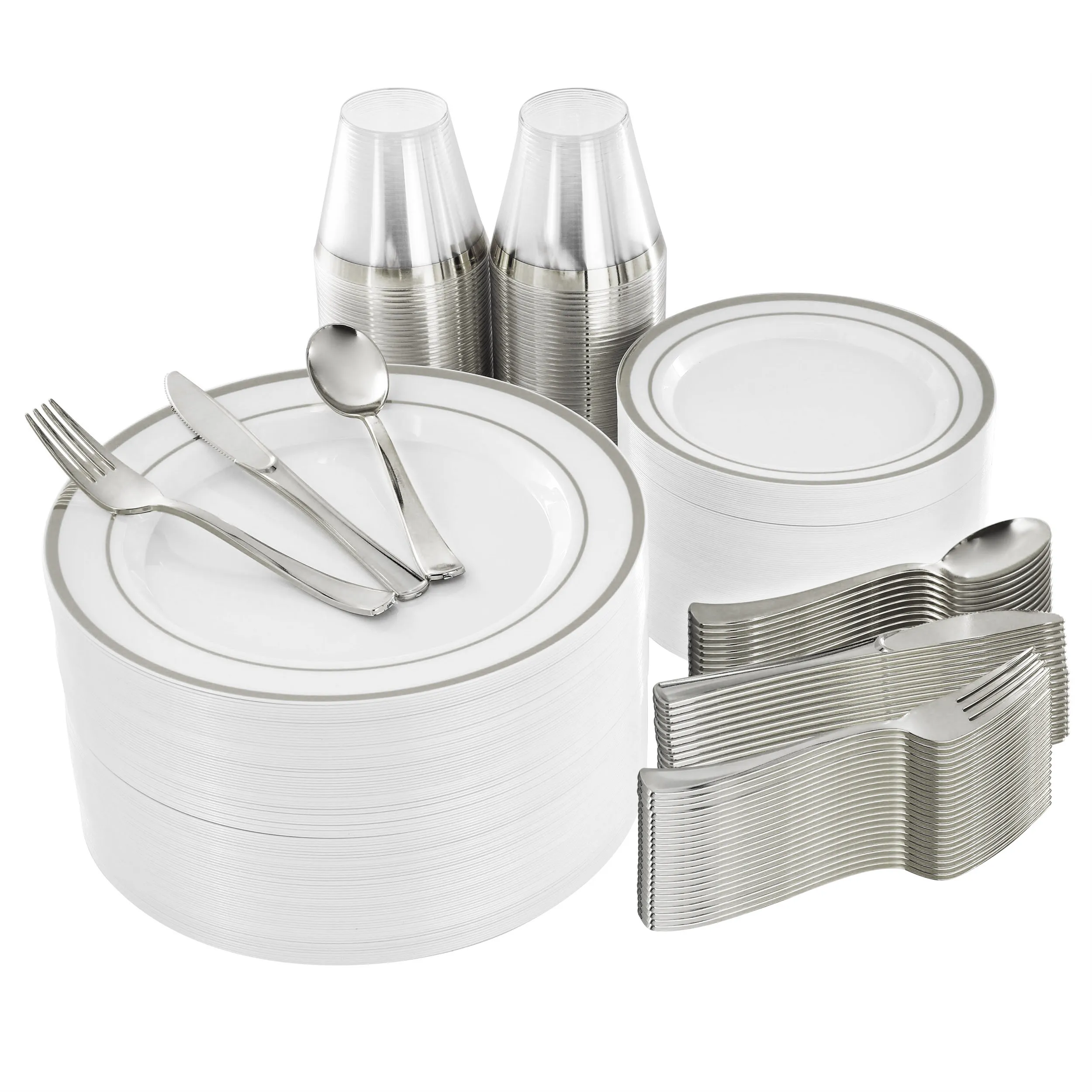 ELAMA ELP-600-S — Elama 600 Piece Disposable Plastic Dinnerware Party Set for 100 Guests in White with Silver Trim