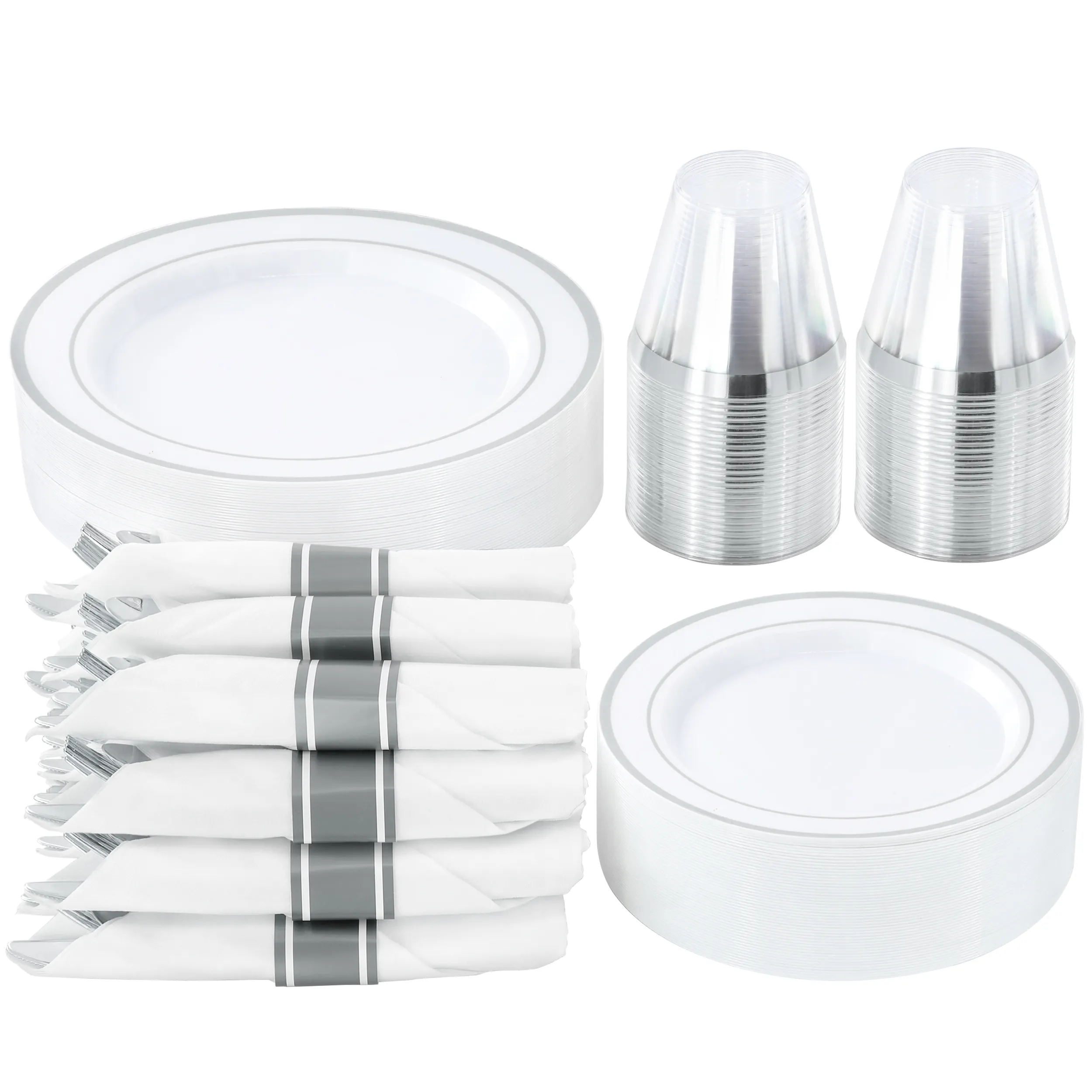 ELAMA ELP-350-S — Elama 350 Piece Disposable Plastic Dinnerware Party Set for 50 Guests in White with Silver Trim