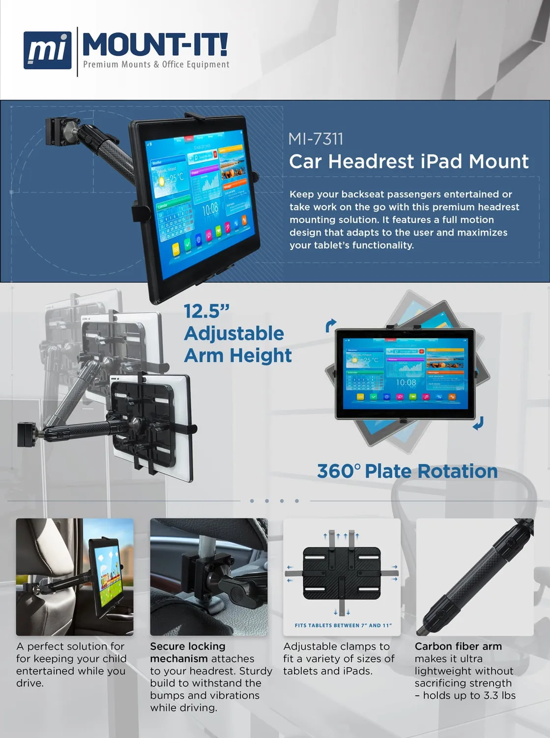 MountIt MI-7311 — Adjustable Carbon Fiber Tablet Mount