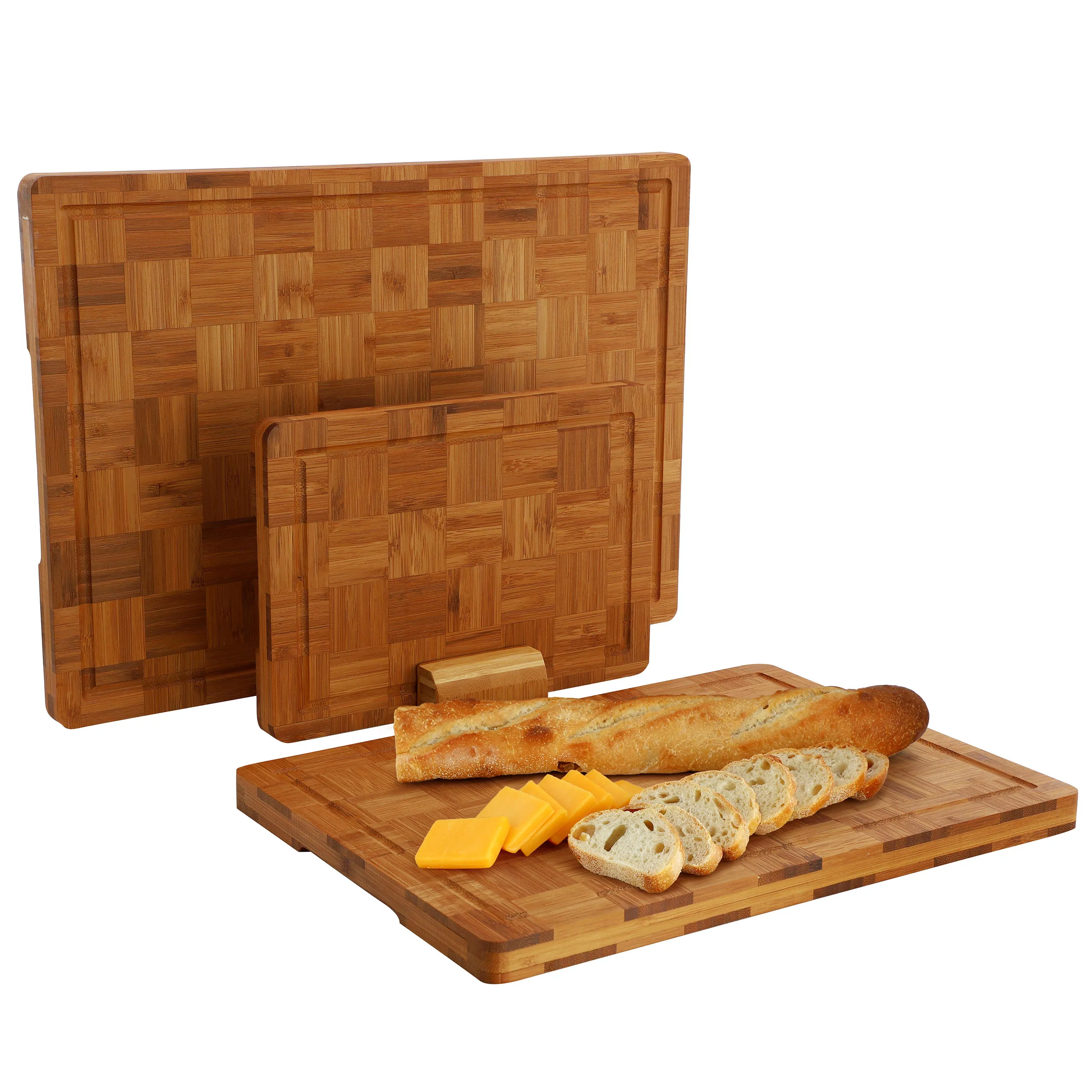 MegaChef MC-B128 — MegaChef 3 Piece Bamboo Checkered Pattern Cutting Board Set with Storage Holder