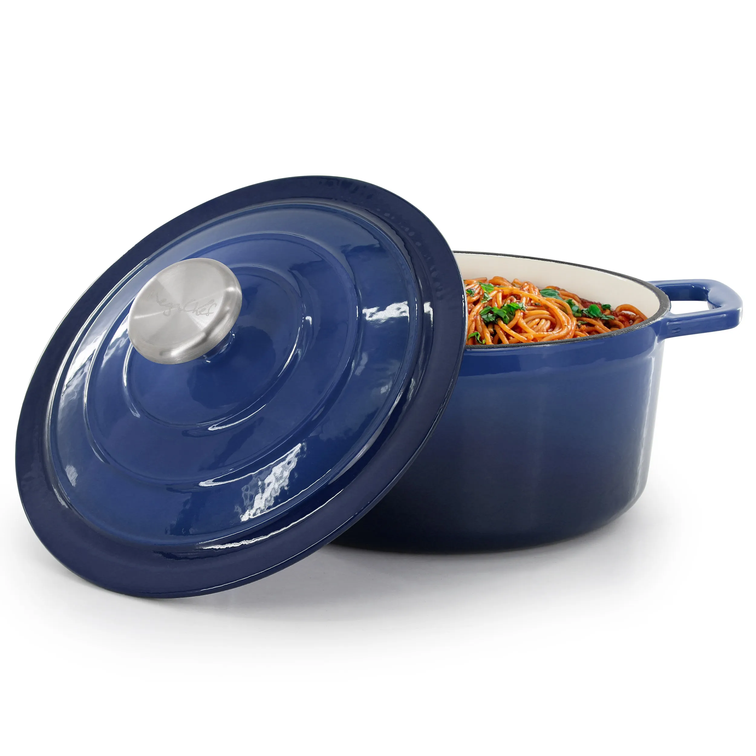 MegaChef MC-CR20F-BLUE — MegaChef 2.7 Quart Round Enameled Cast Iron Casserole in Gradient Dark Blue