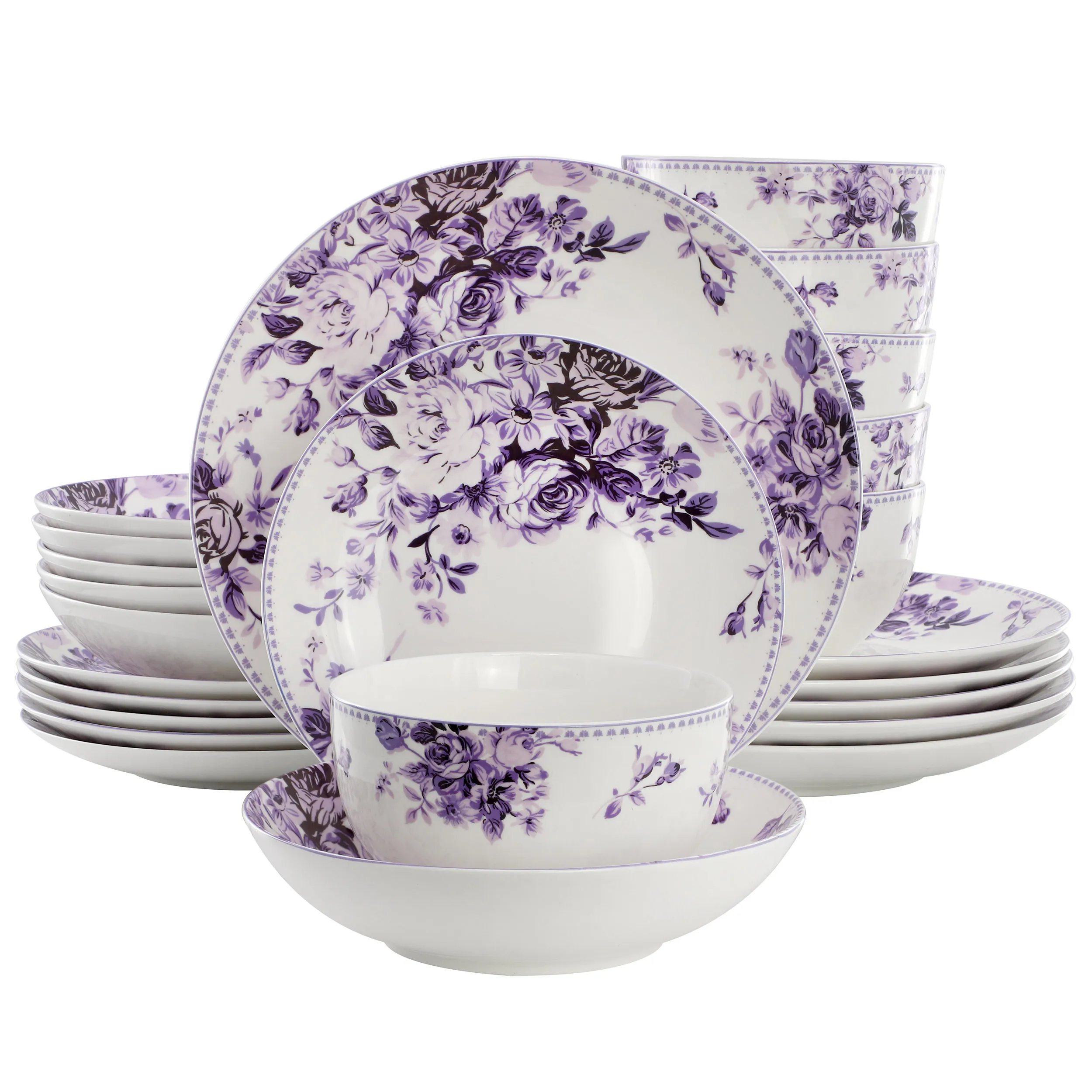 ELAMA EL-PURPLE-ROSE-24 — Elama Traditional Purple Rose 24 Piece Porcelain Double Bowl Dinnerware Set