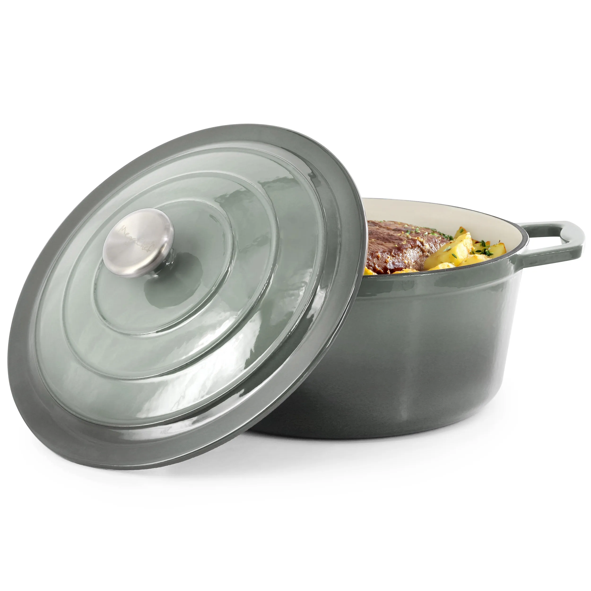 MegaChef MG-CR25AG — MegaChef 5 Quarts Round Enameled Cast Iron Casserole with Lid in Gradient Gray