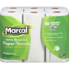 Marcal Manufacturing LLC MRC 6181 — Marcal 100% Recycled Giant Roll Paper Towels - 2 Ply - 140 Sheets/Roll - White - Perforated, Dye-free, Fragrance-free, Strong, Lint-free, Absorbent - 6 Rolls Per Pack - 1 Pack