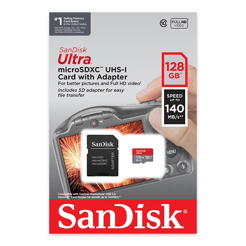 Western Digital SDSQUAB-128G-AN6IA — SANDISK ULTRA MICROSDHC MEMORY CARD, 128GB, 140MB/S, C10, UHS, U1, A1, CARD W/AD