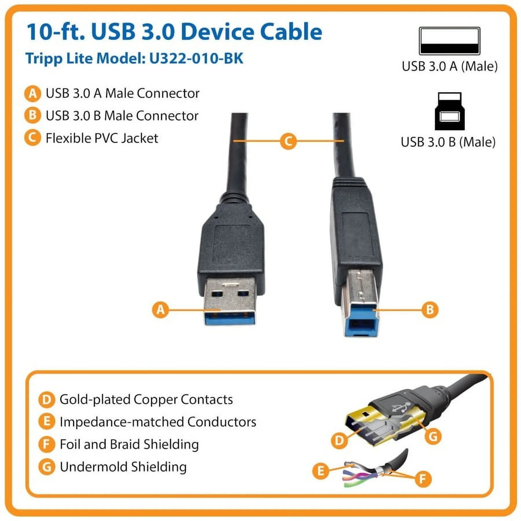 Eaton Tripplite U322-010-BK — USB CABLE - USB 3.2 TYPE-A LEFT CONNECTOR - MALE LEFT GENDER - USB 3.2 TYPE-B RI