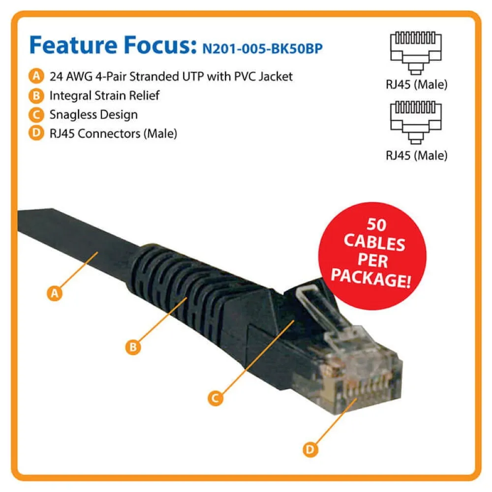 Eaton Tripplite N201-005-BK50BP — ETHERNET CABLE - UNSHIELDED TWISTED PAIR (UTP) - MALE LEFT GENDER - MALE RIGHT G