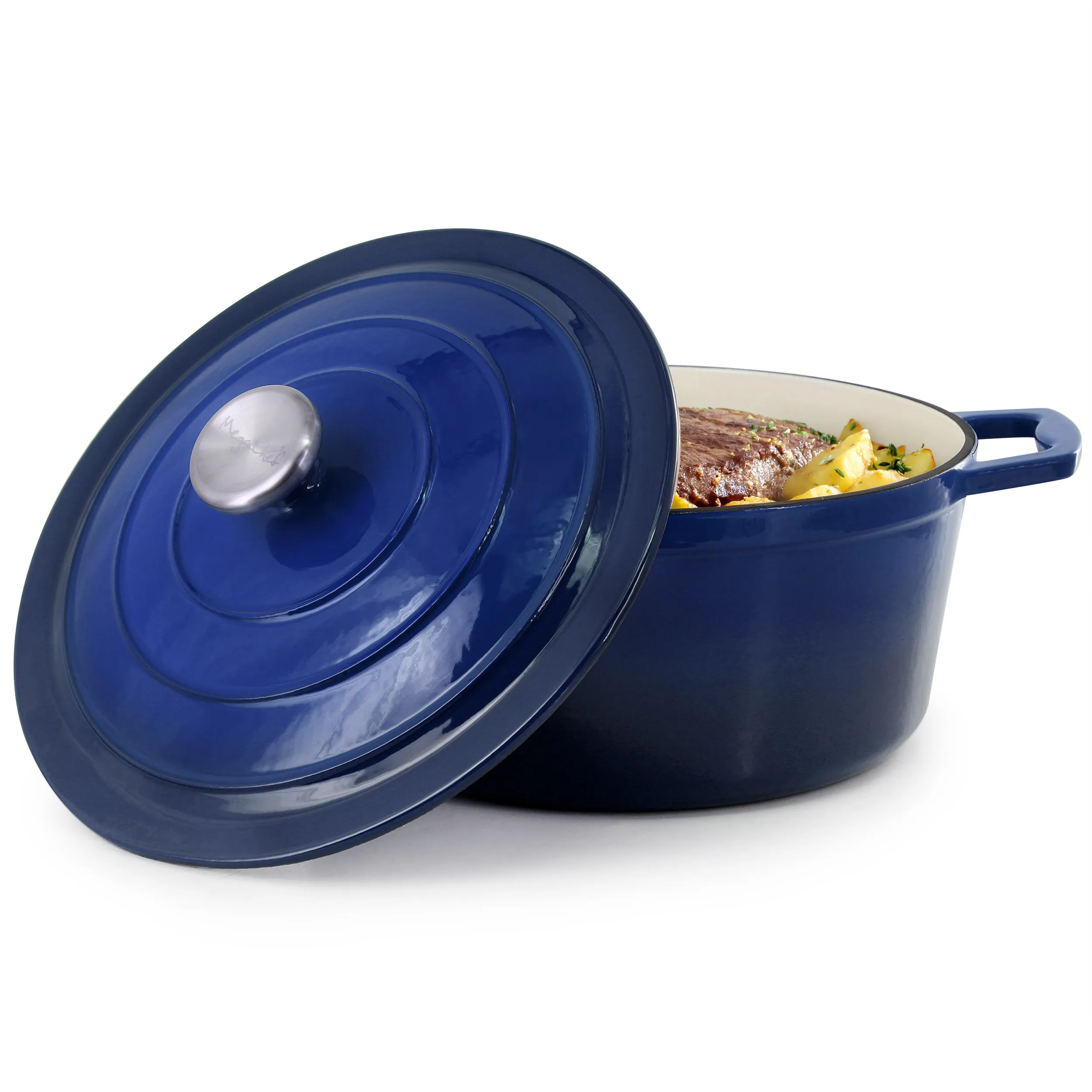 MegaChef MG-CR25DB — MegaChef 5 Quarts Round Enameled Cast Iron Casserole with Lid in Gradient Dark Blue