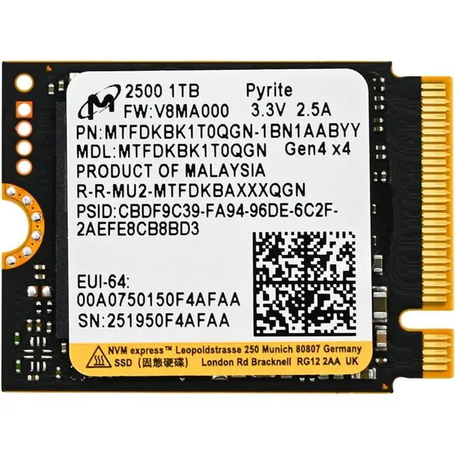 Crucial MTFDKBK1T0QGN-1BN1AABYYR — Micron 2500 1 TB Solid State Drive - M.2 2230 Internal - PCI Express NVMe
