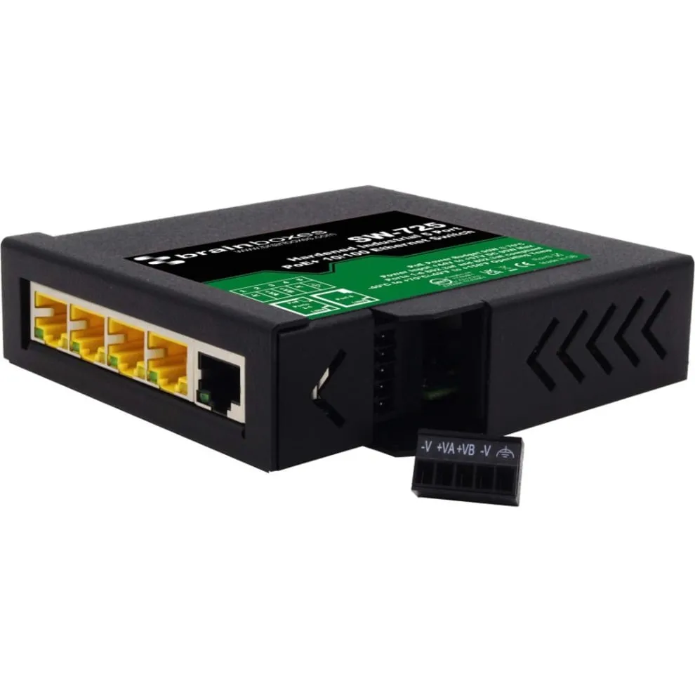 BRAINBOXES SW-725 — HARDENED INDUSTRIAL 5 PORT POE 10/100 FAST ETHERNET SWITCH -40F TO +158F
