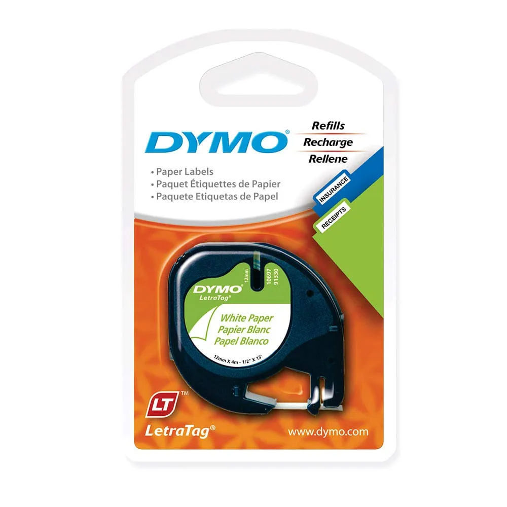 DYMO 10697 — DYMO LETRATAG PAPER LABEL 2 PACK WHITE W BLACK PRINTING, 1/2 X 13- MUST ORDERED