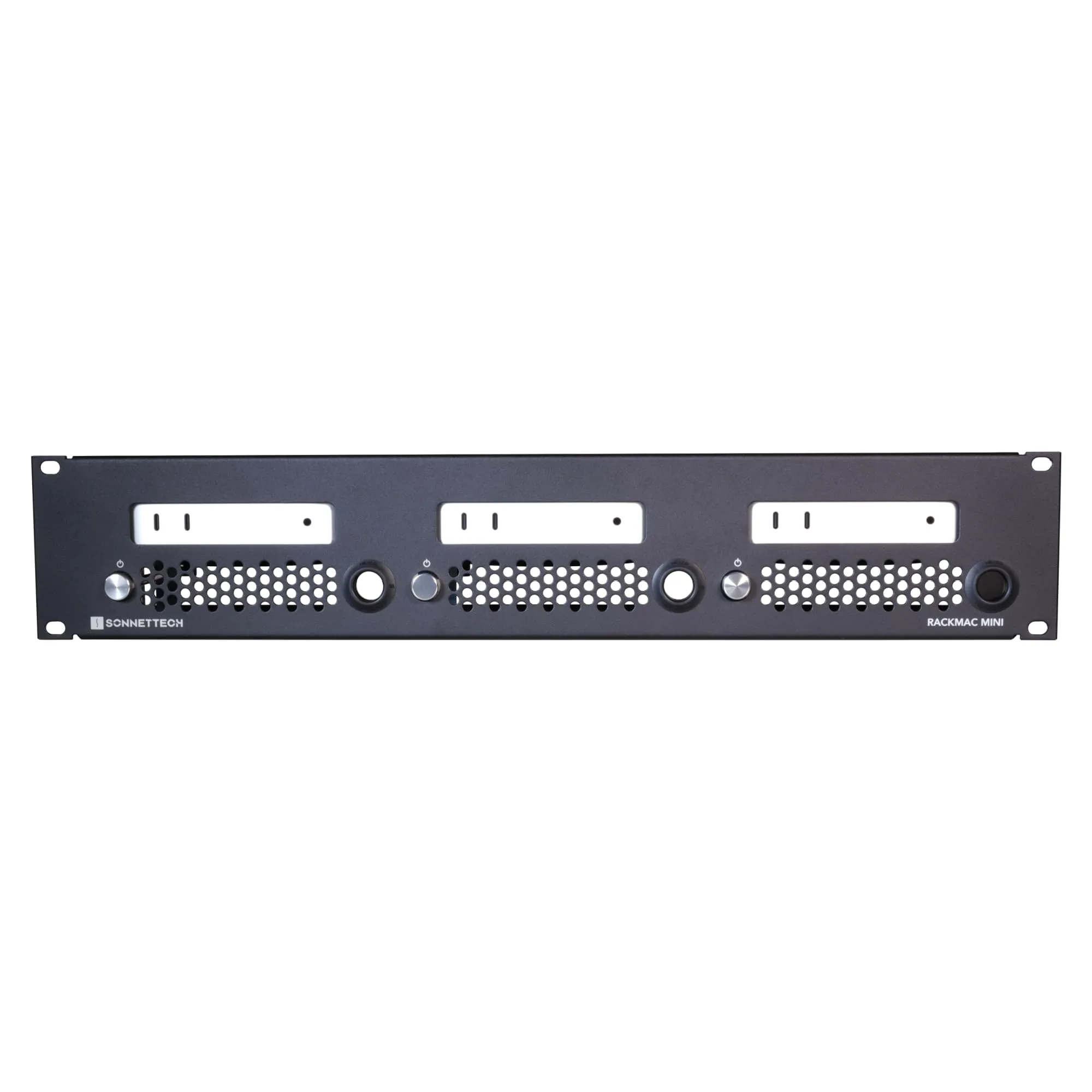 SONNET TECHNOLOGIES RACK-MIN-3X — RACKMAC MINI (2024+) 2U ENCLOSURE TO MOUNT AND SECURE ONE, TWO, OR THREE MAC MIN