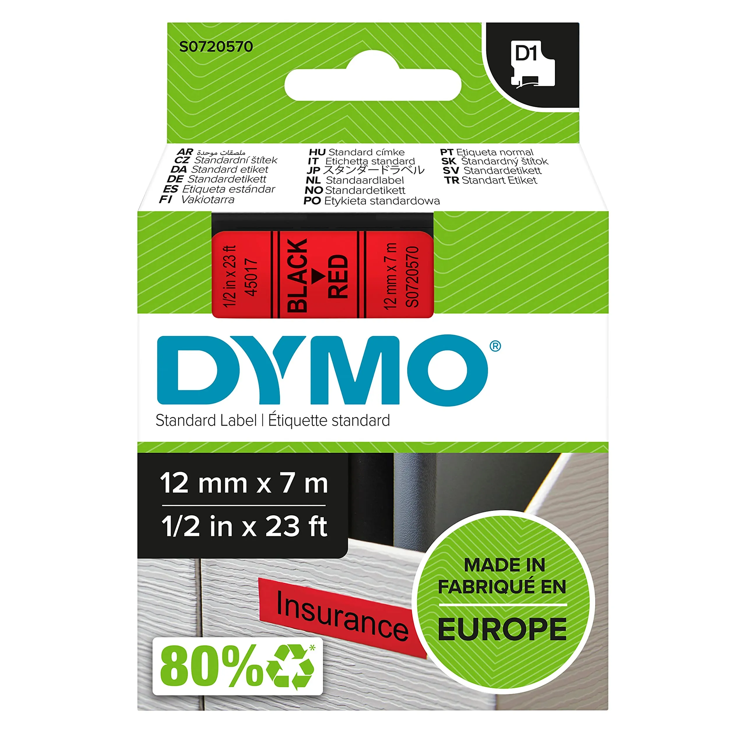 DYMO S0720570 — DYMO LABELMANAGER D1 TAPE 12MMX7M 1/2X23 BK/RD GLOBAL