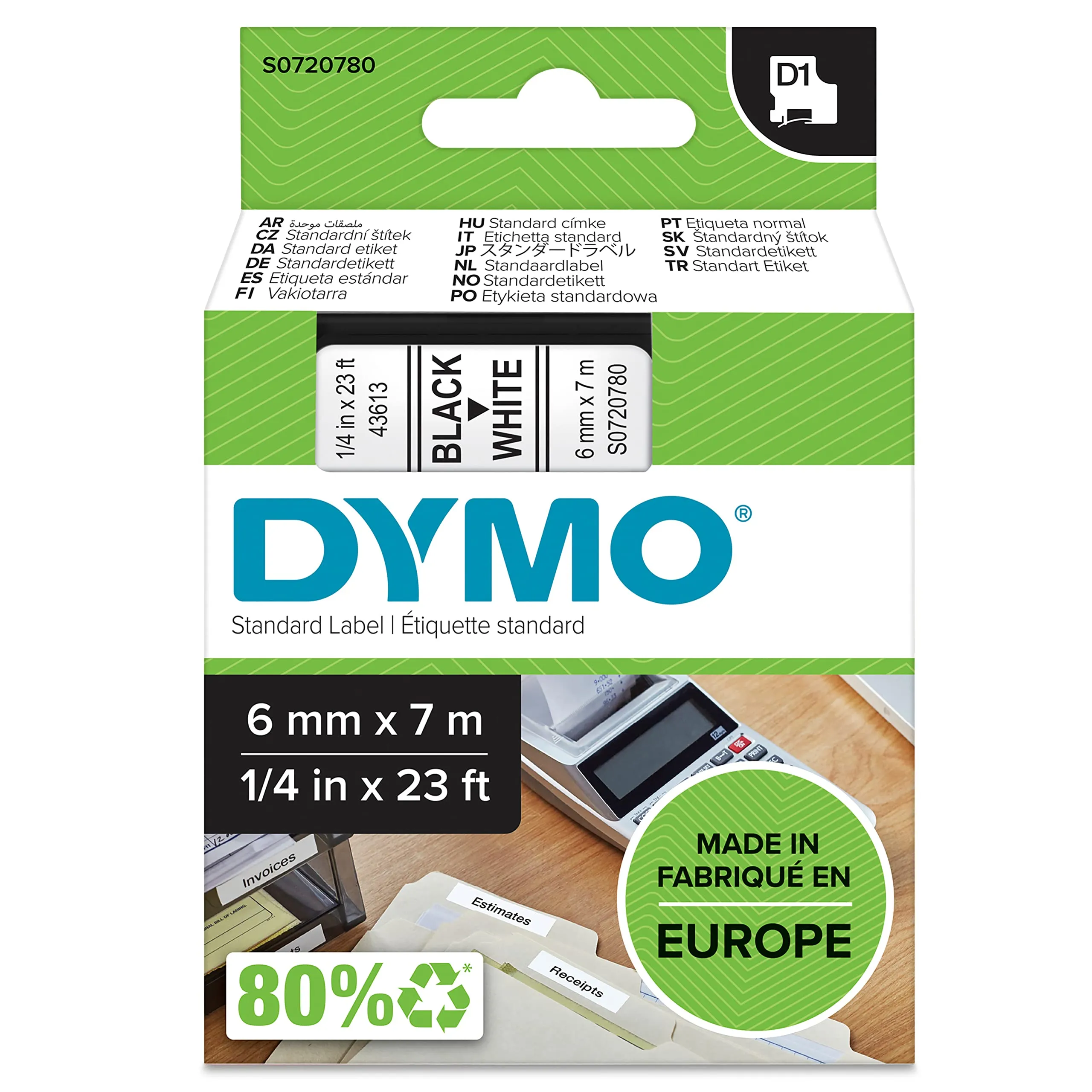 DYMO S0720780 — DYMO LABELMANAGER D1 TAPE 6MMX7M 1/4X23 BK/WH GLOBAL