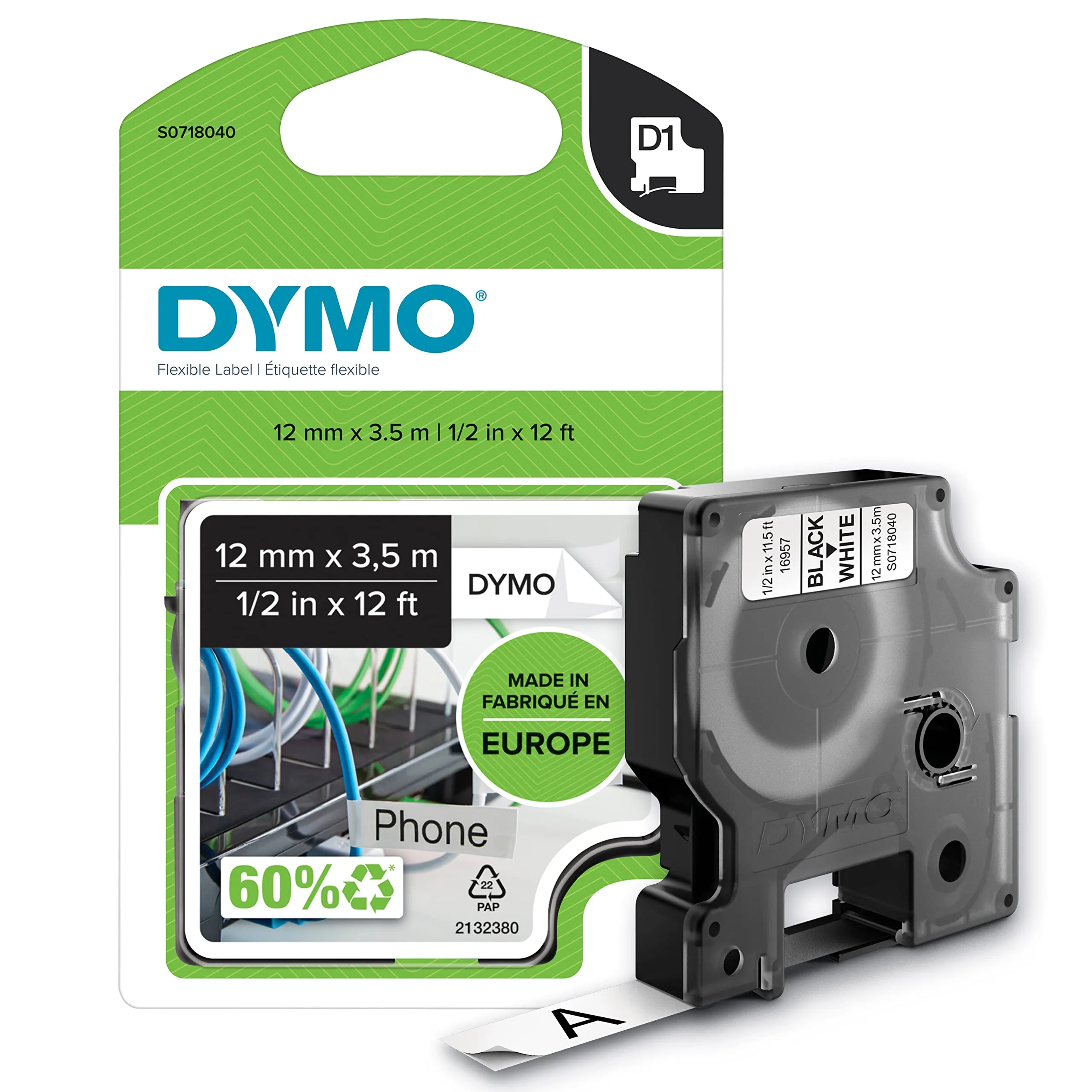 DYMO S0718040 — DYMO D1 TAPE, BLACK PRINT/ WHITE FABRIC, 1/2IN X 11 1/2FT