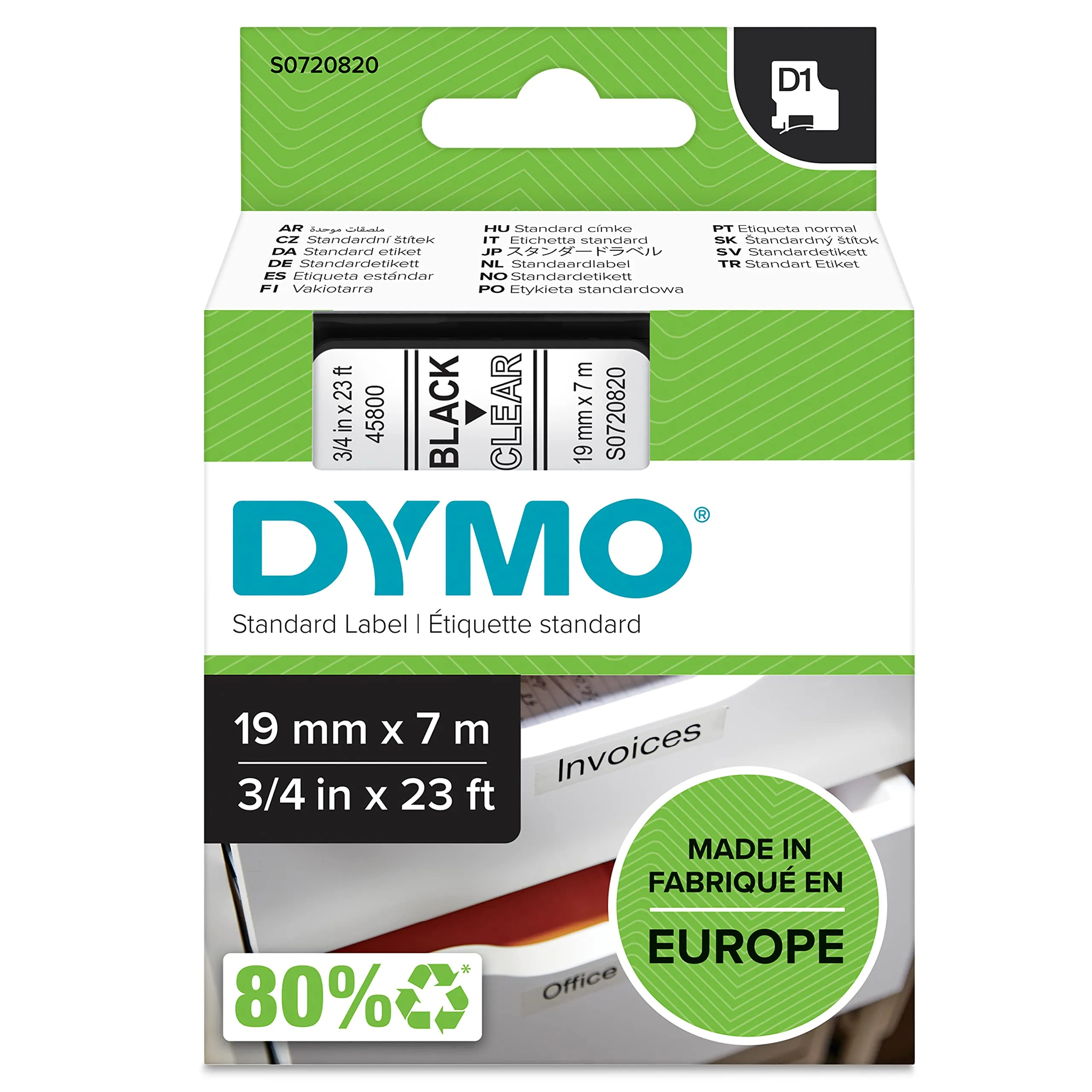 DYMO S0720820 — DYMO LABELMANAGER D1 TAPE 19MMX7M 3/4X23 BK/CLR GLOBAL