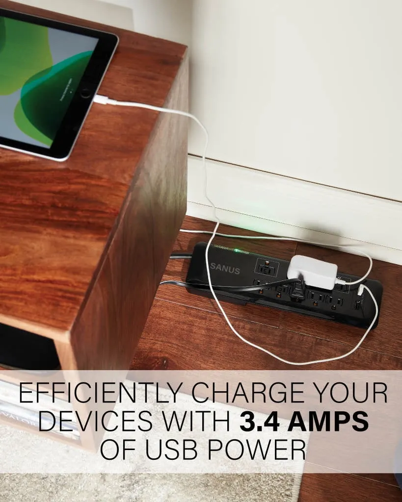 Sanus SA-PS82-B1 — SURGE PROTECTED FLOOR STRIP, 6 OUTLETS, 2 USB PORTS