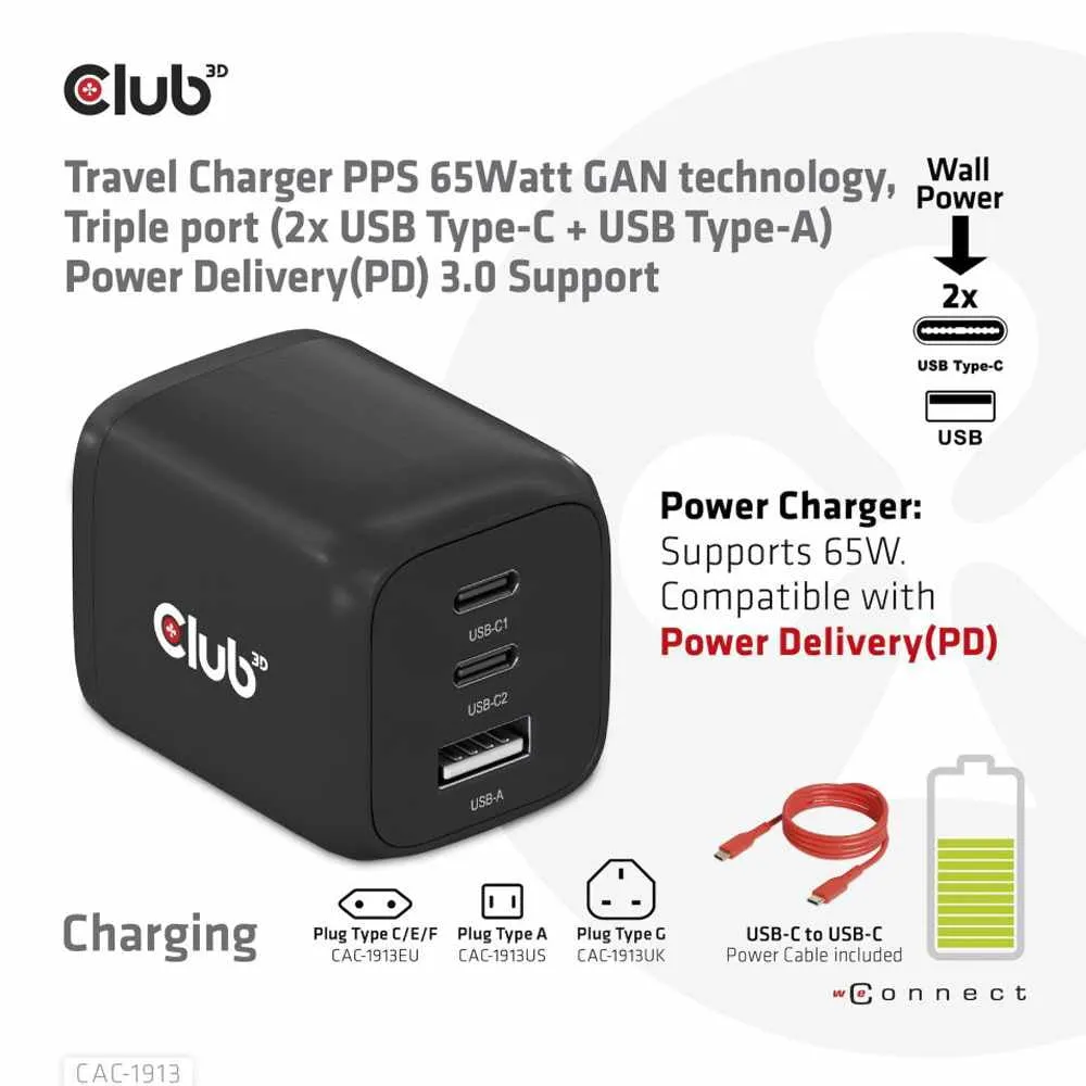 CLUB 3D CAC-1913 — 65W GAN 3X PORT TRAVEL CHARGER