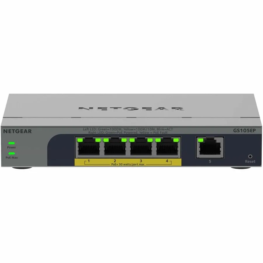 NETGEAR GS105EP-100NAS — 5 PORT GIGABIT ETHERNET EASY SMART POE+ SWITCH (63W)