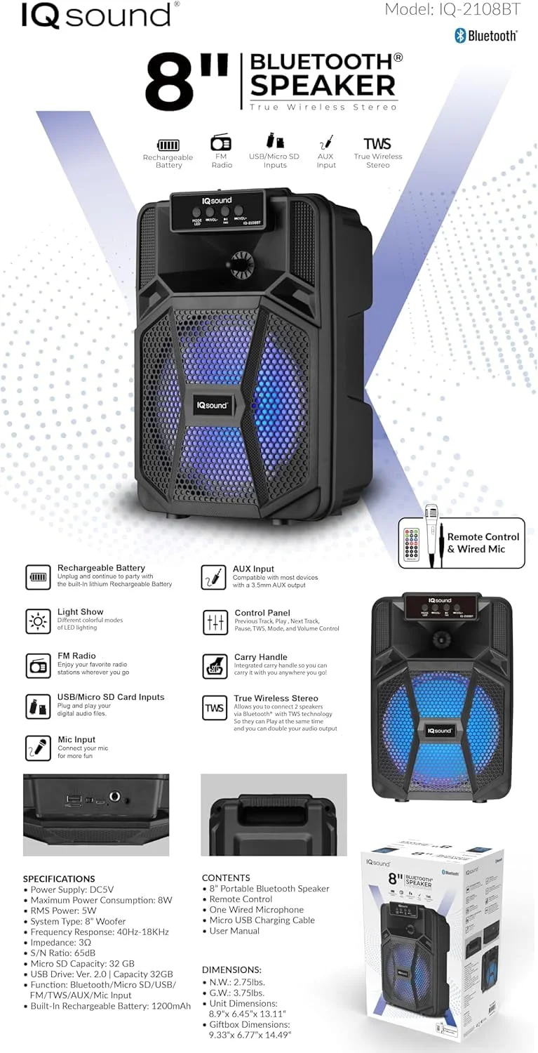 Supersonic IQ-2108BT — PORTABLE BLUETOOTH SPEAKER TRUE WIRELESS STEREO (TWS): ALLOWS YOU TO CONNECT 2 S
