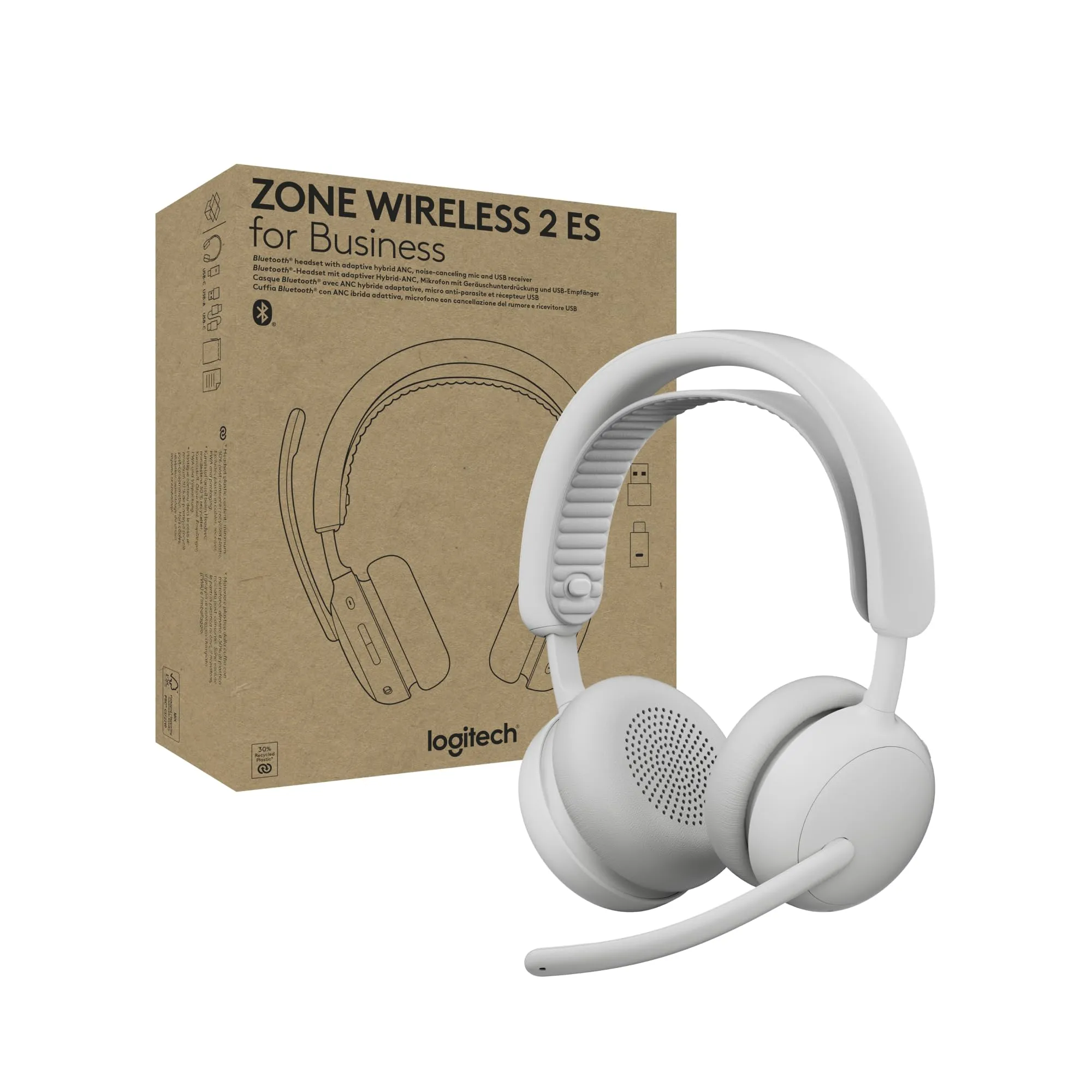 Logitech 981-001518 — ZONE WIRELESS 2 ES HEADSET FOR BUSINESS, TEAMS, ANC (USB-A/C) - OFF-WHITE
