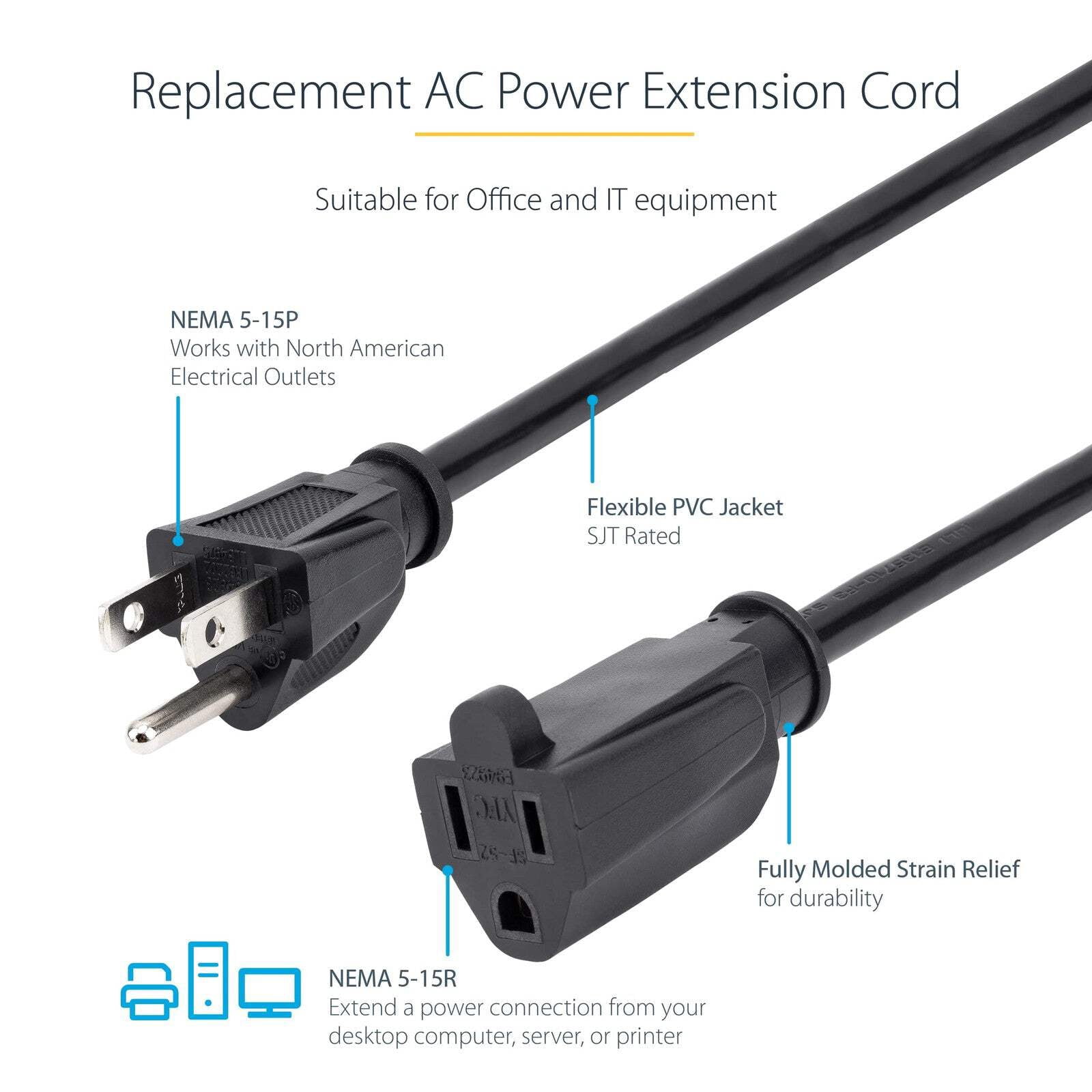 STARTECH PAC101146 — 6FT (1.8M) HEAVY DUTY EXTENSION CORD NEMA 5-15R AND NEMA 5-15P CONNECTORS; 125V