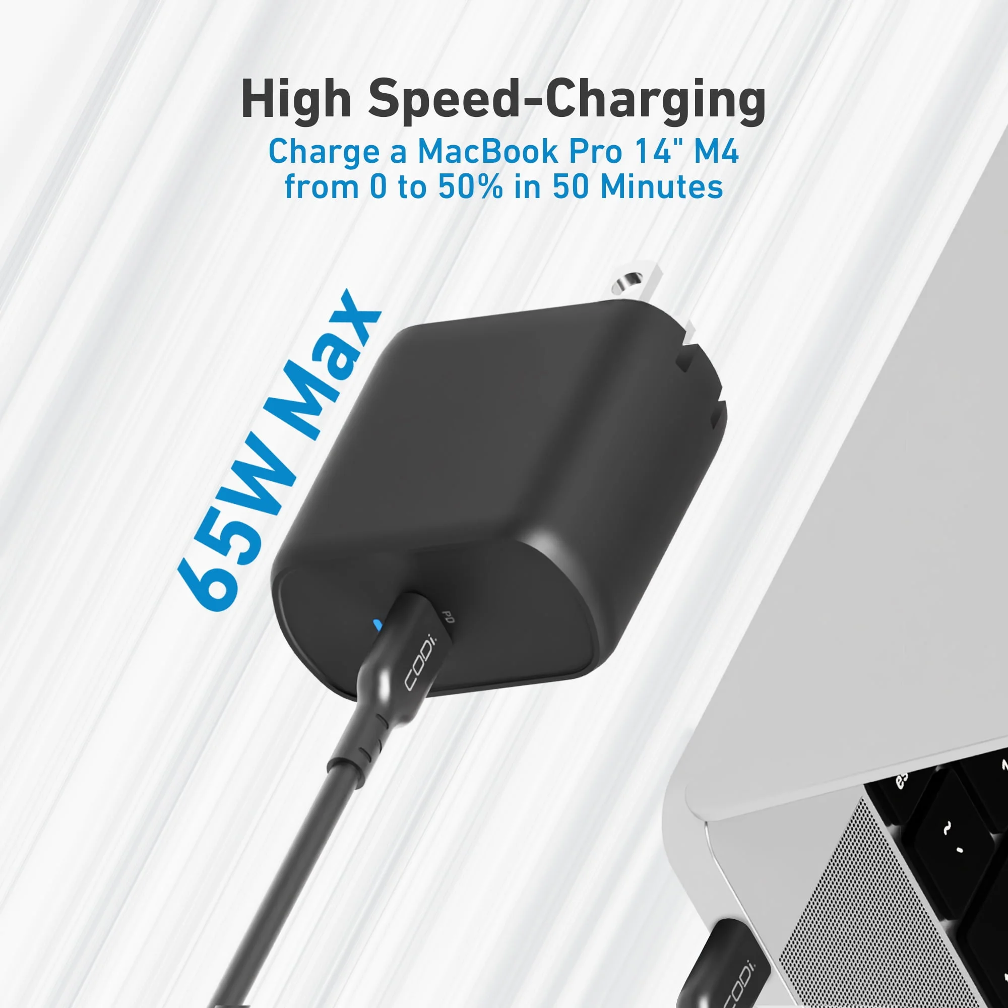 CODi A01119 — 65W GaN USB-C Wall Charger for Laptops and Phones
