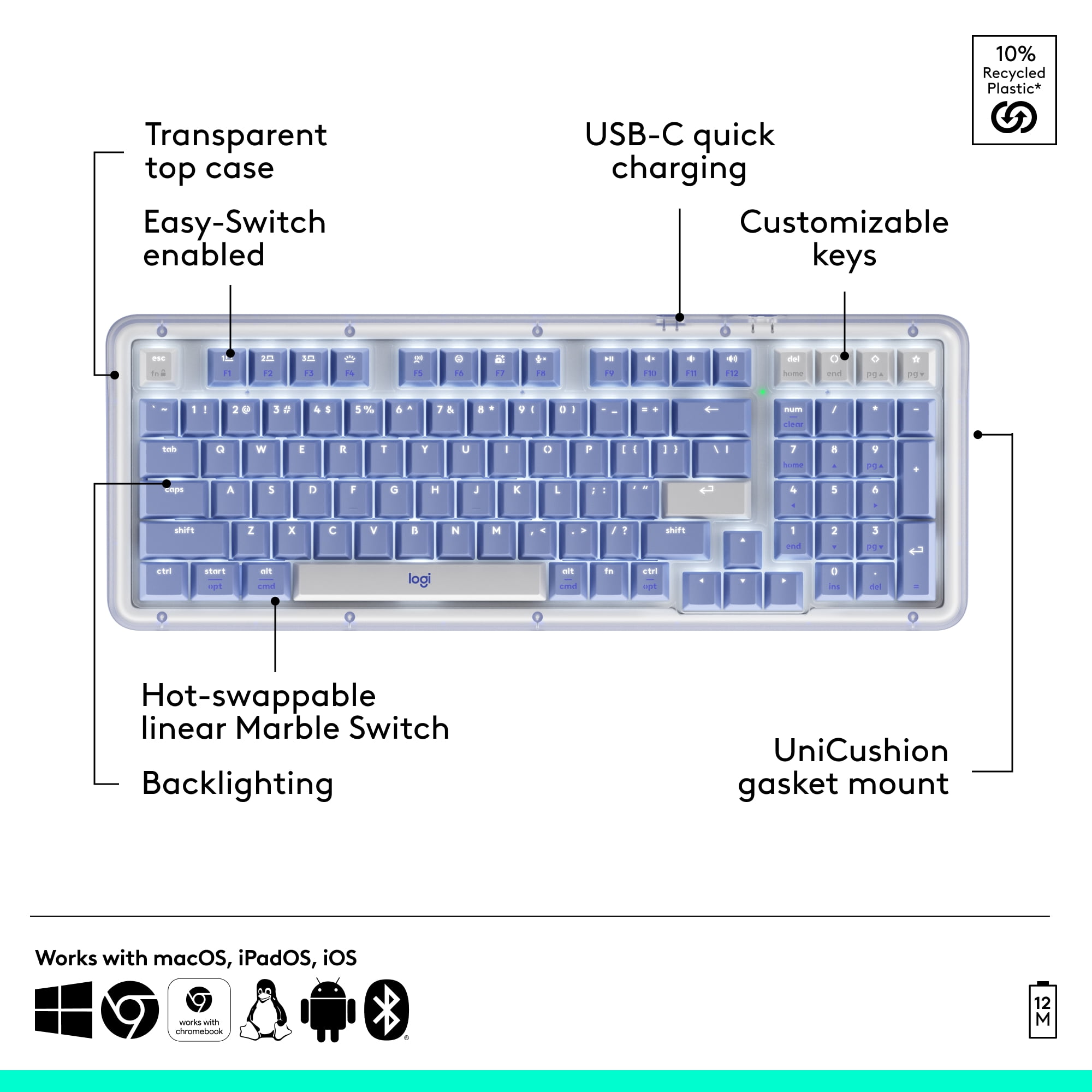 Logitech 920-013577 — ALTO KEYS K98M WIRELESS MECHANICAL CUSTOMIZABLE - LILAC