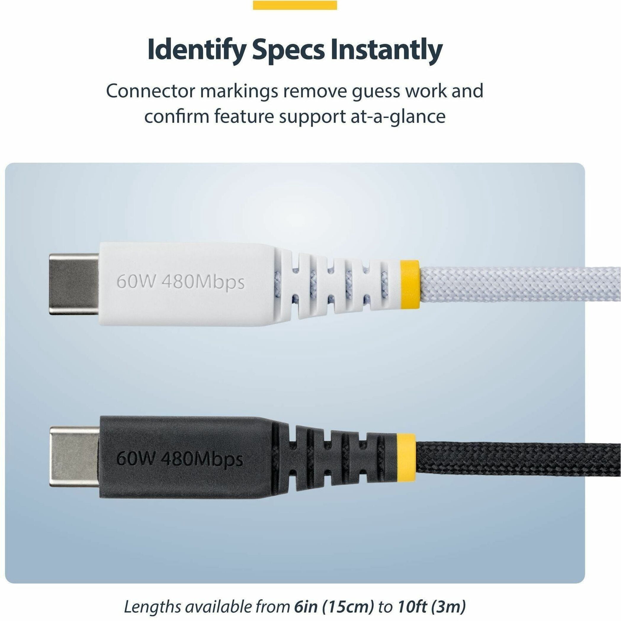 STARTECH USB2CC10FNCBRWH — 10FT (3M) WHITE USB-C CHARGING CABLE, 60W (3A) PD, DUAL-LAYER BRAIDED NYLON/TPE