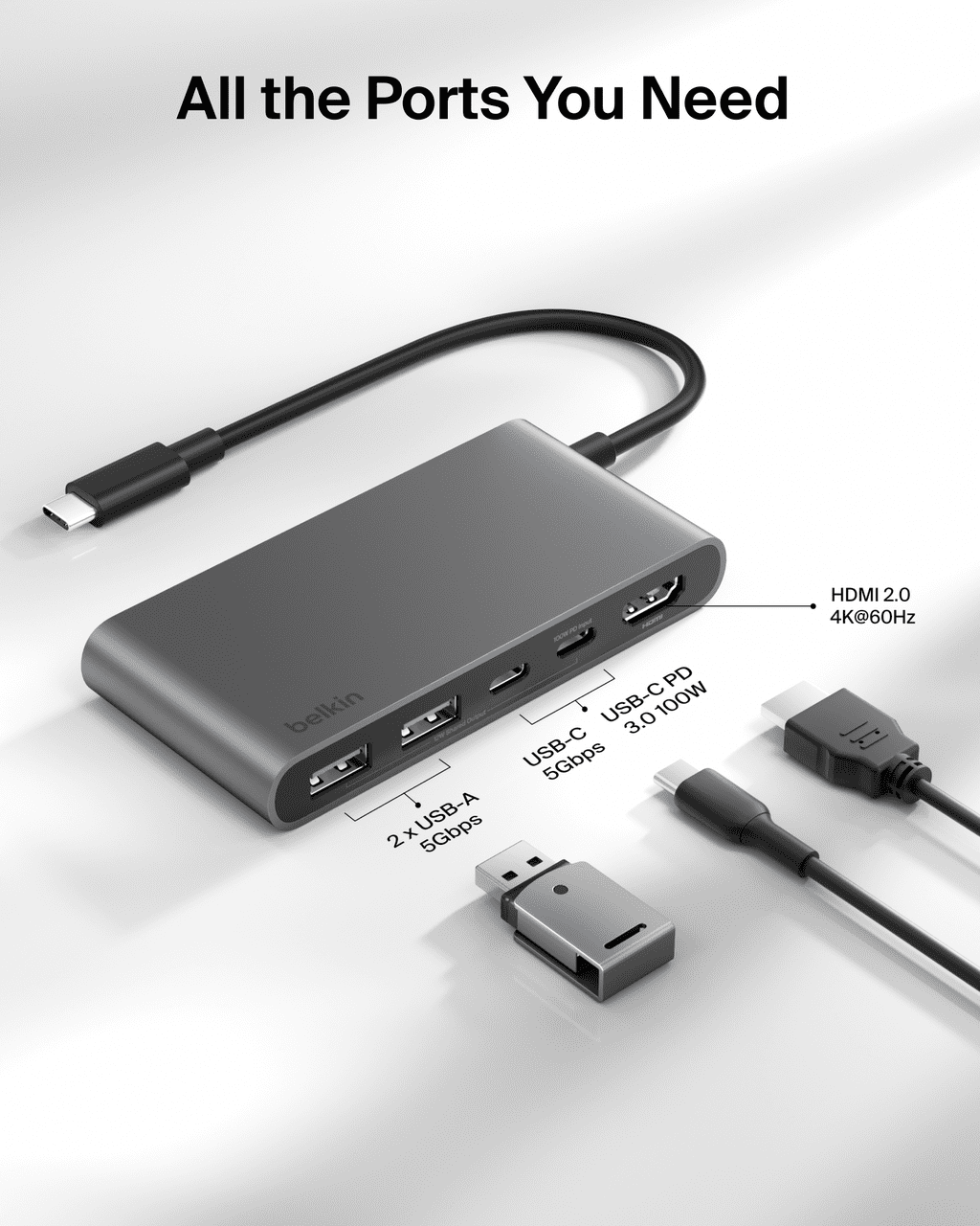 Belkin AVC022FQSGY — USB-C 5-IN-1 MULTIPORT HUB 100W, SPACE GRAY