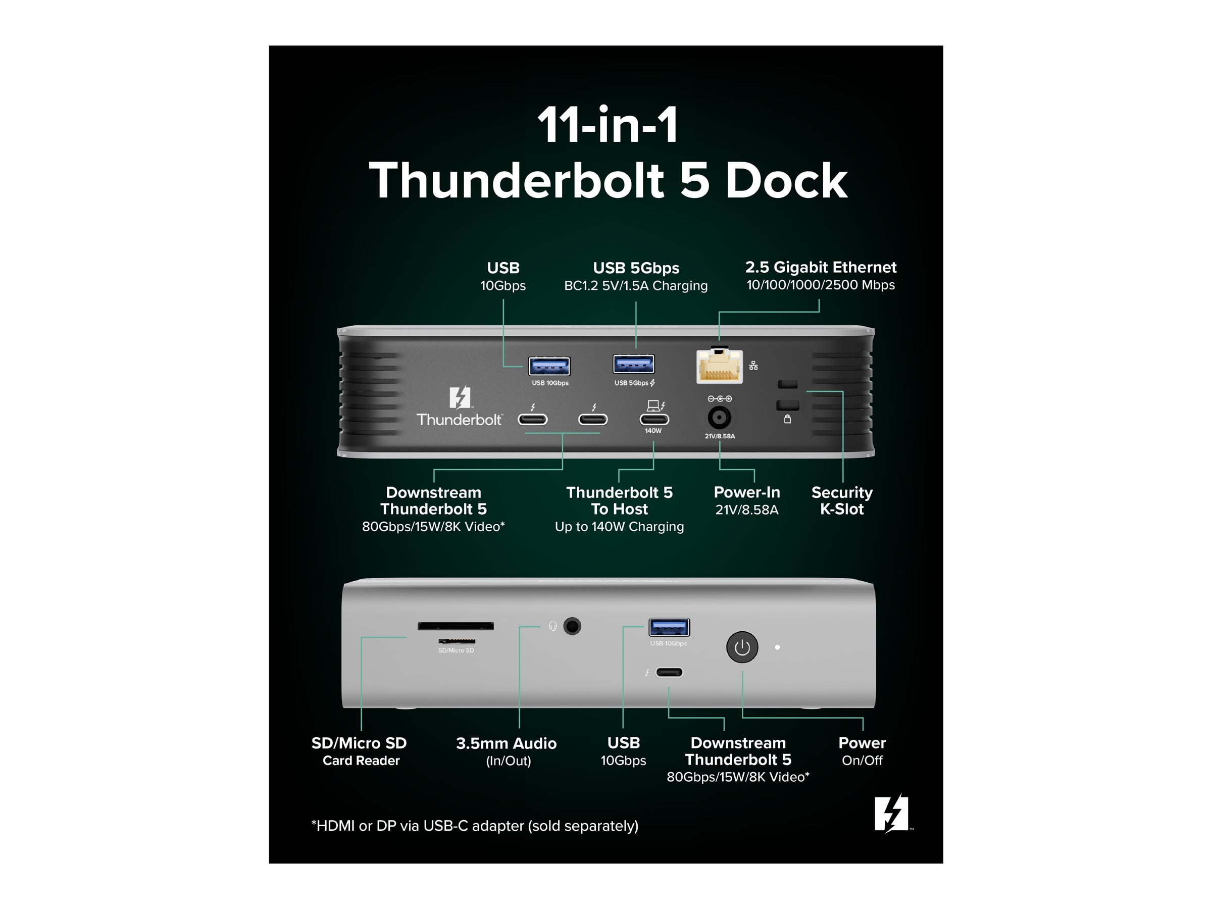 Plugable Technologies TBT-UDT3 — 11-in-1 Thunderbolt 5 Docking Station with Power Delivery