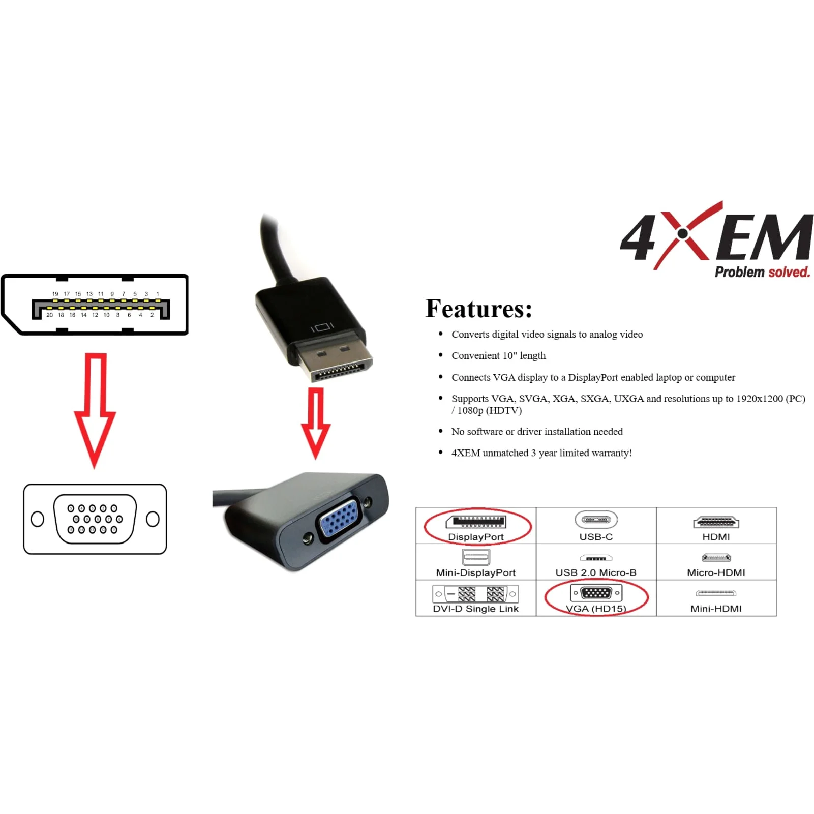 4XEM 4XDPVGA — DisplayPort to VGA Adapter - 8 Inch Cable